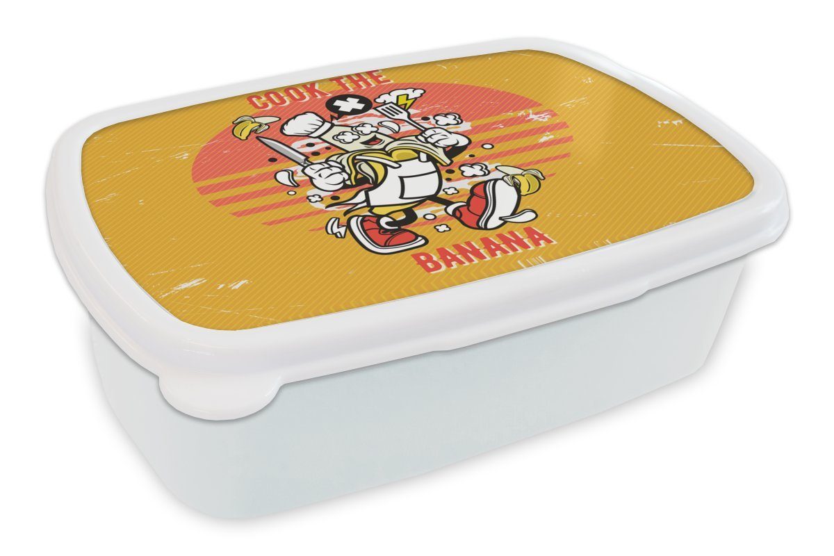 MuchoWow Lunchbox Vintage - Banane - Schürze, Kunststoff, (2-tlg), Brotbox für Kinder und Erwachsene, Brotdose, für Jungs und Mädchen weiß