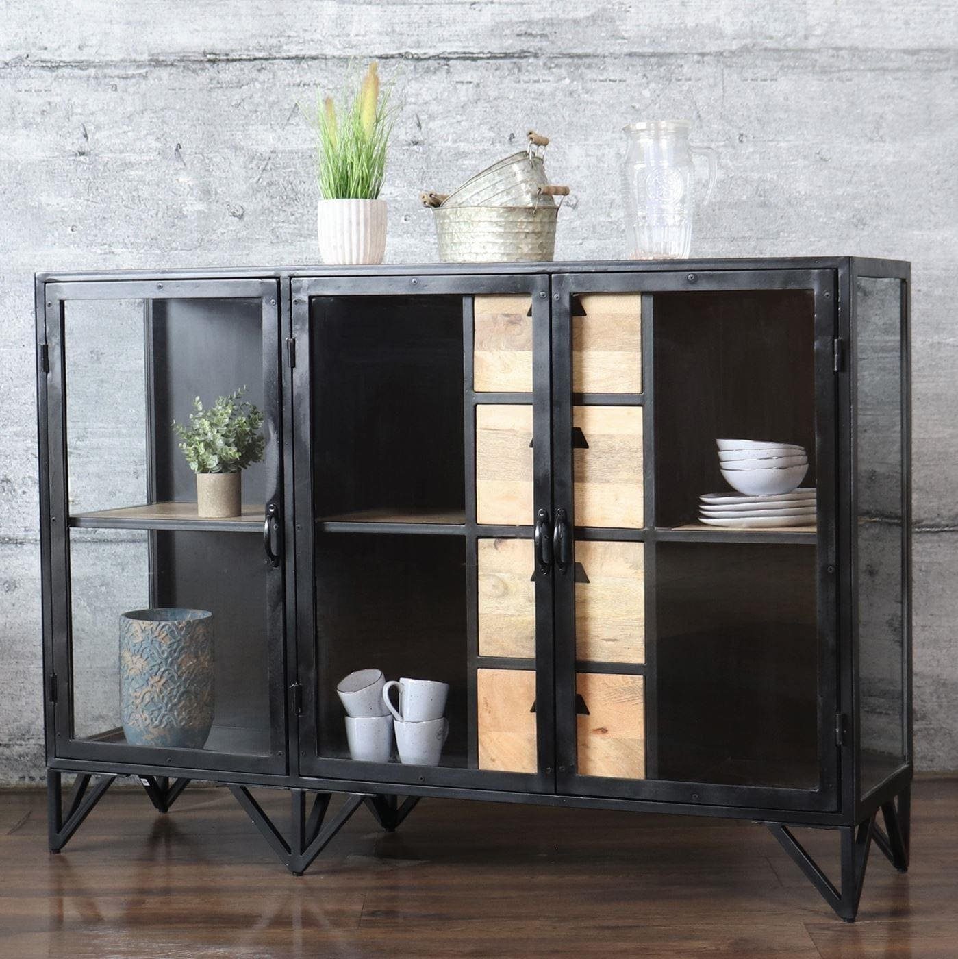 baario Sideboard Sideboard BARBAR Metall Glas, schwarz Industrial Style Kommode Vitrine
