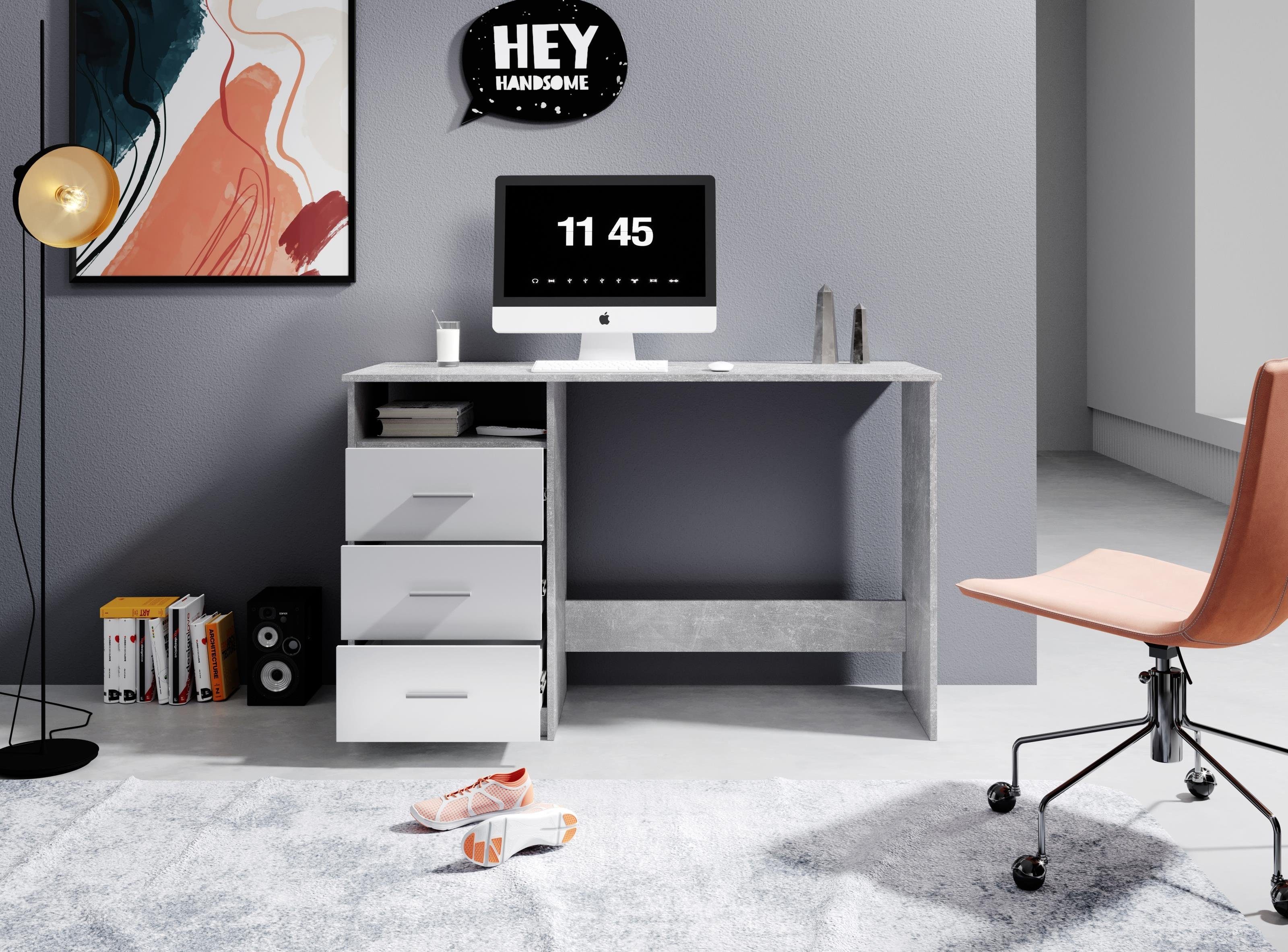 PREISBRECHER Schreibtisch Schreibtisch >Mack< - 123x76x50cm (BxHxT), aus Spanplatte in Beton mit 3 Schubkästen und 1 offenes Fach. – Bild 4 von 5