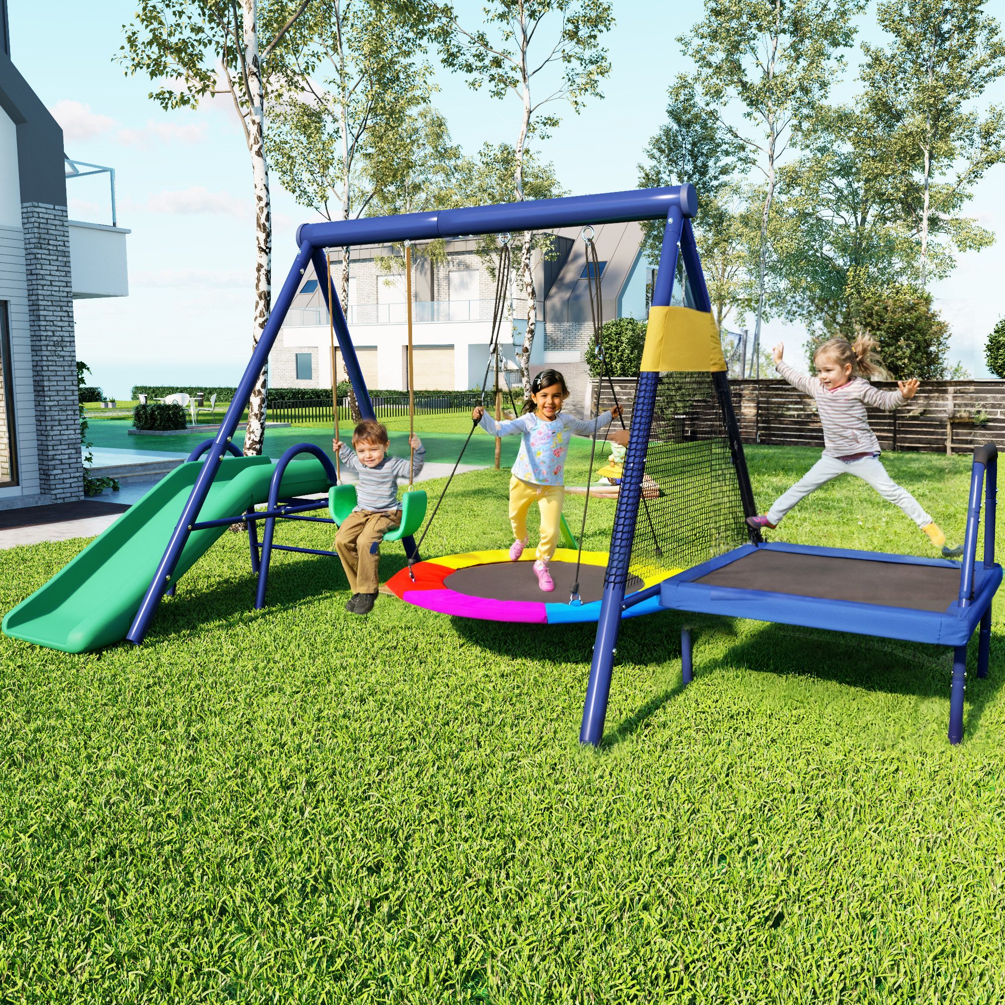 Merax Schaukelgestell 4-in-1 Outdoor-Schaukel-Set höhenverstellbar, (1-tlg), Gartenspielgerät mit Trampolin, Rutsche und Schaukel, für 3-8 Jahre