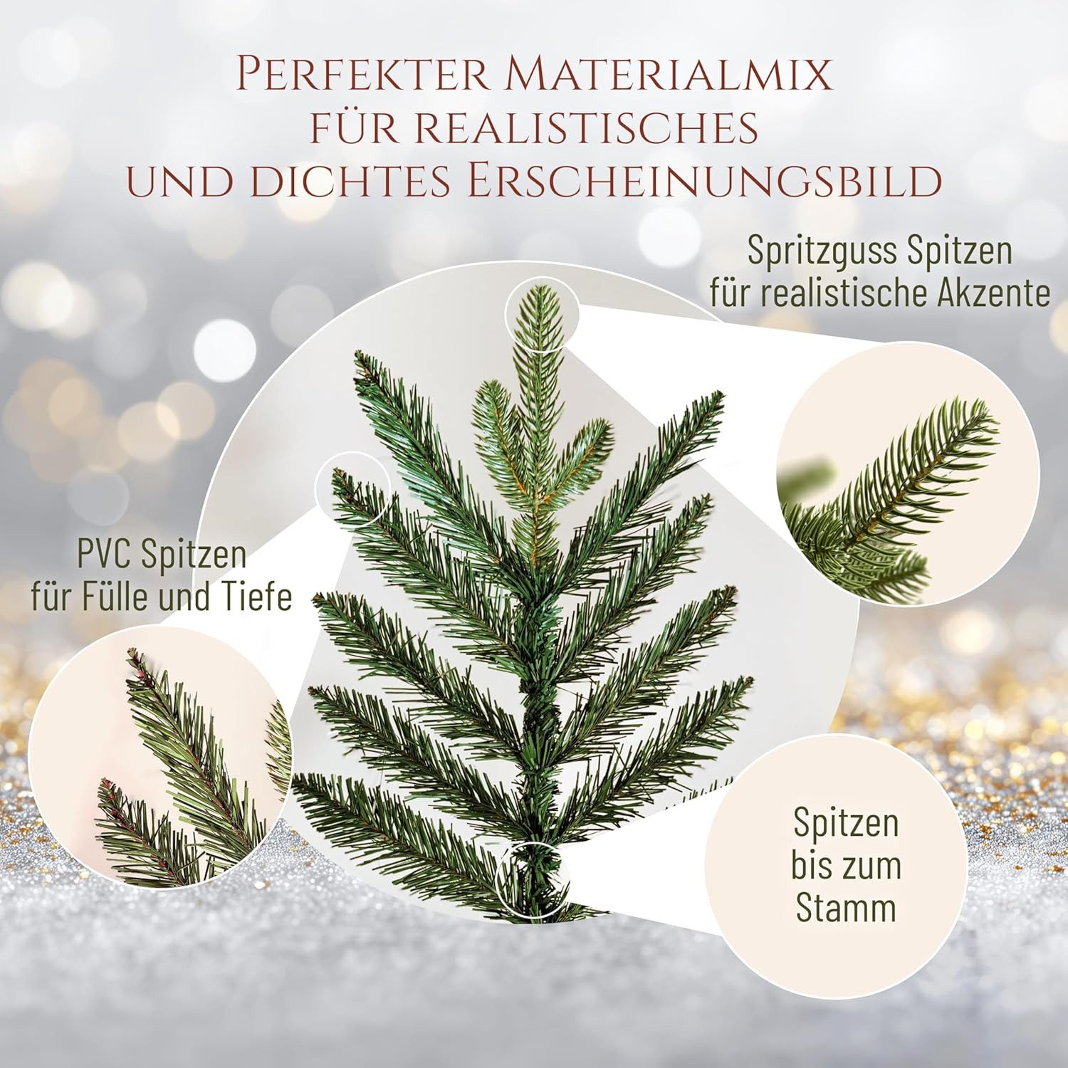 PURE LIVING INTERIOR DESIGN Künstlicher Weihnachtsbaum Nordmanntanne naturgetreu mit Holzständer, erhältlich in 90-250 cm, Nordmanntanne, Elegant, Stilvolle Dek – Bild 4 von 5