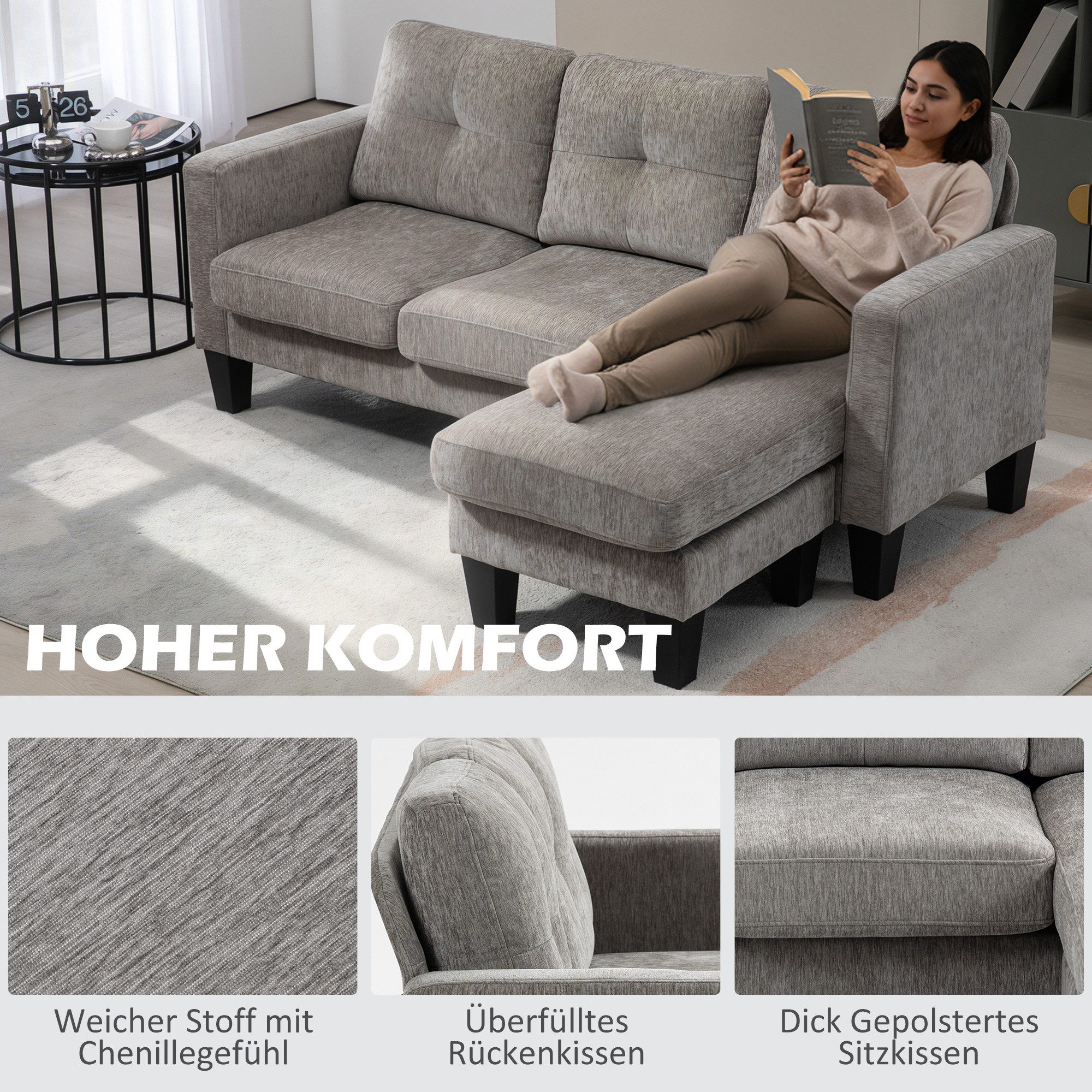 HOMCOM Ecksofa Eck-Couch mit umkehrbarer Chaiselongue L-Form Sofa Federkern, 3-Sitzer-Sofa 1 Teile, für Wohnzimmer, Braun – Bild 4 von 5