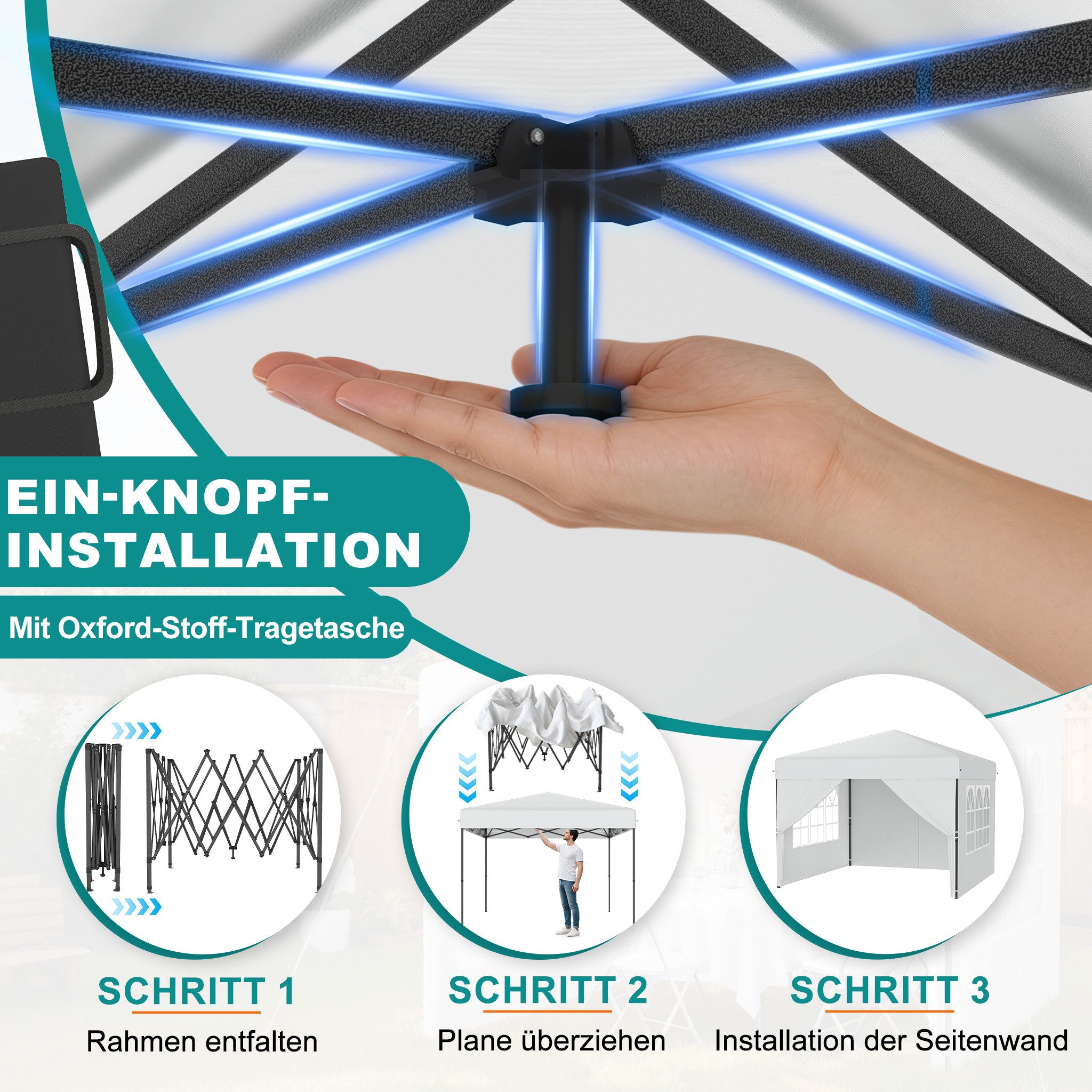 FIVMEN Partyzelt Pop Up Pavillon 2.5x2.5m Stabil Faltpavillon mit 4 Seitenwänden, Partyzelt Faltbar für Hochzeit Innenhof Höheverstellbar 240-260cm
