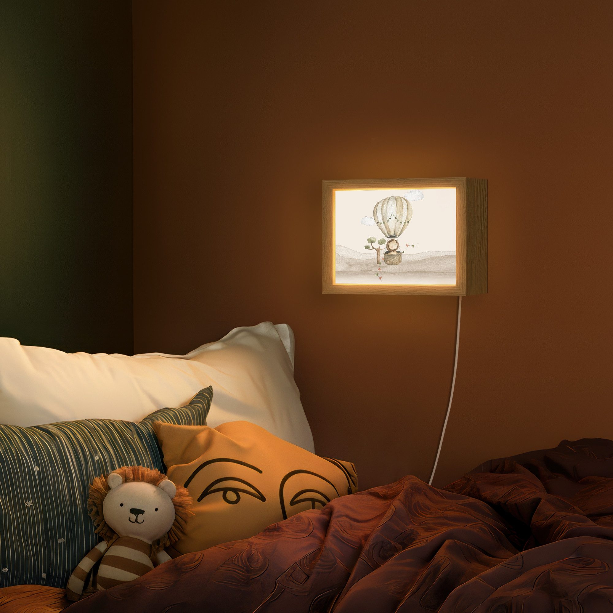 OnlyWow Wandleuchte Lightbox Heißluftballon - Löwe - Aquarell - Safari - Tiere - Jungen, Dimmbar, Farbwechsel, LED, Warmweiß, Kaltweiß, Neutralweiß Einstellbar, Wandlampe Innen, Dimmbar, mit Kabel, LED, Modern, Kinder