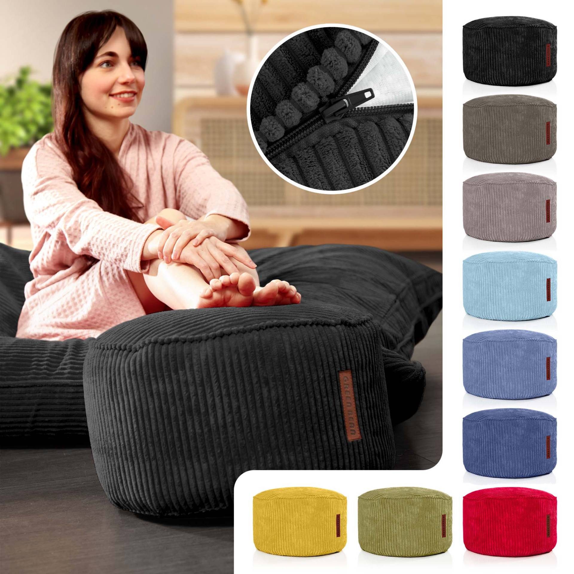 Green Bean Pouf Sitzsack-Hocker Pouf Cord 45x25cm (Indoor Sitzhocker Sitzkissen Fußhocker Relax-Sessel, Made in Germany), die ideale Ergänzung zum Sitzsack – Bild 5 von 5