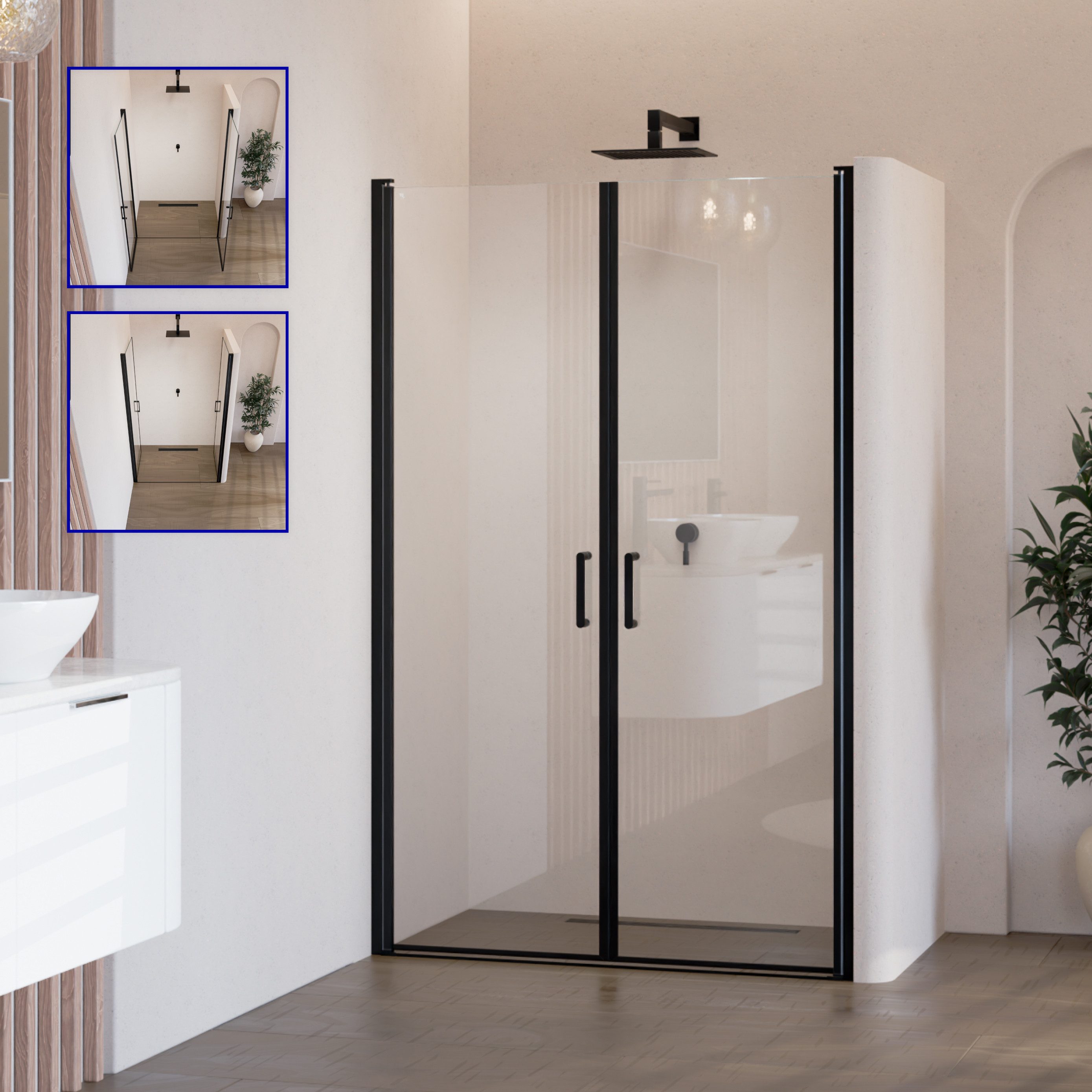 i-flair Dusch-Doppelflügeltür Duschtür 70-73 cm - Höhe: 180 cm, aus durchsichtigem 6 mm ESG, 70x180 cm, Einscheibensicherheitsglas, (ohne Duschtasse, mit hochwertigen Aluminiumprofilen in schwarz) ebenerdiger Einbau möglich, mit Pendeltüren