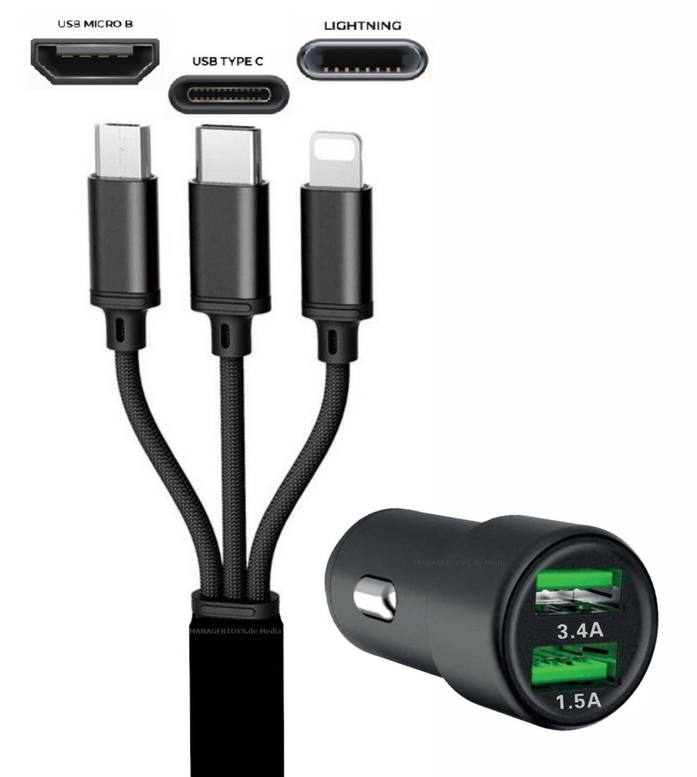 Dual USB Auto 3 in 1 Ladestecker 3,4 A Zigarettenanzünder mit Kabel USB-Ladegerät