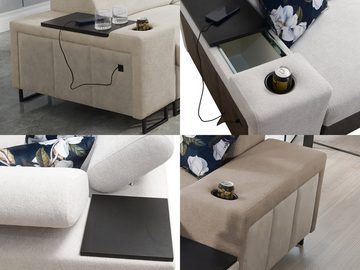 Möbel für Dich Wohnlandschaft Melody IV in U-Form mit USB, Ablagen und anderen Extras, mit Becherhalter in den Armlehnen und einem kleinen Beistelltisch