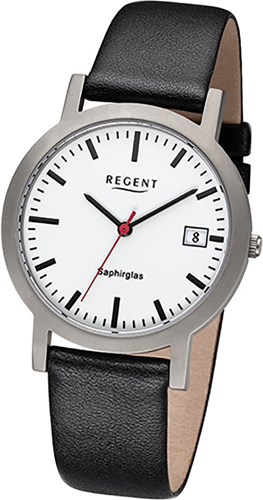 Regent Quarzuhr Regent Leder Herren Uhr F-1108 Quarzuhr, Herrenuhr Lederarmband schwarz, rundes Gehäuse, mittel (ca. 37mm)