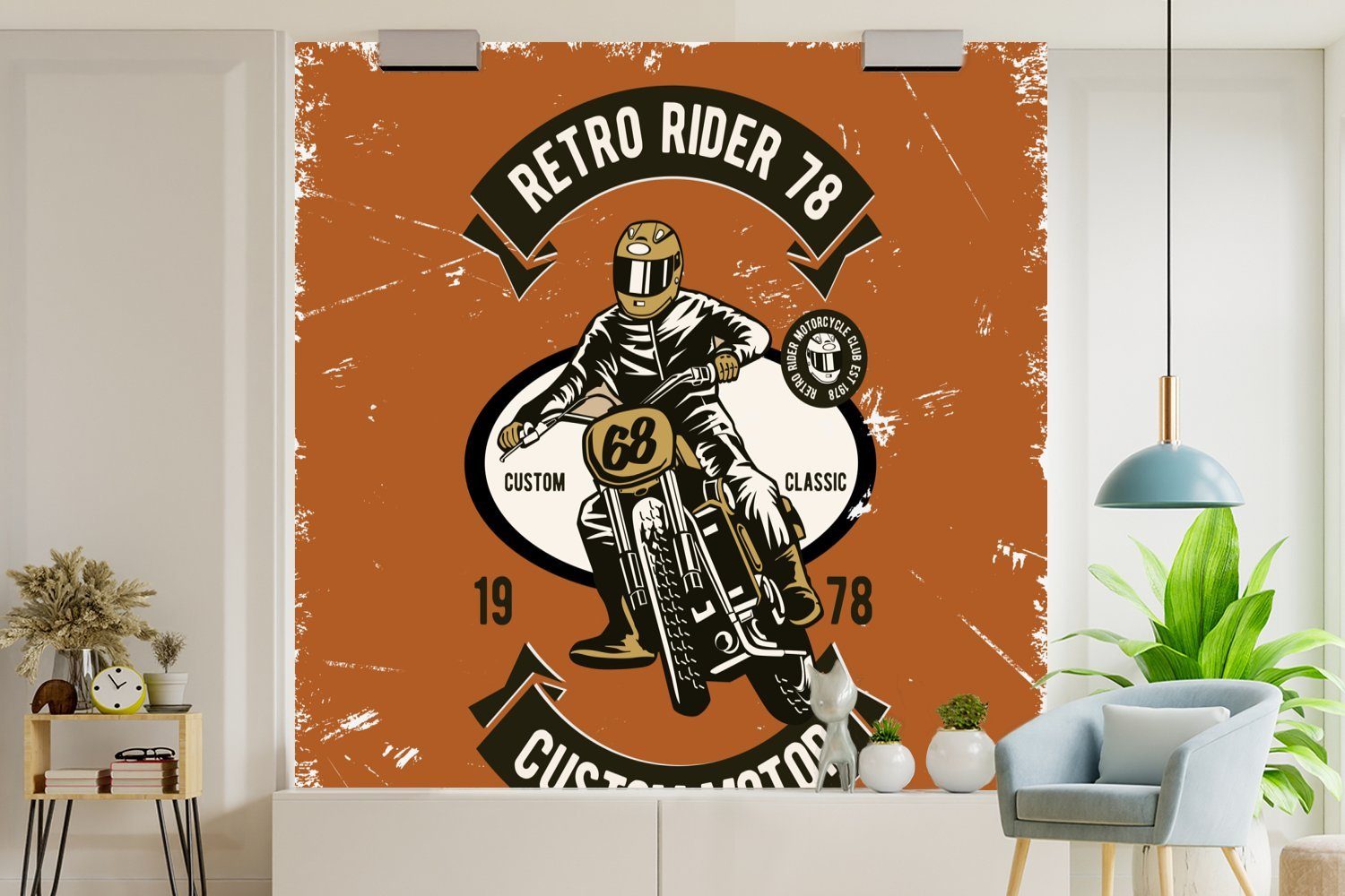 MuchoWow Fototapete Motorrad - Mann Schlafzimmer, Wandtapete bedruckt, Matt, Vinyl (5 Wohnzimmer - oder Tapete für Retro, St)