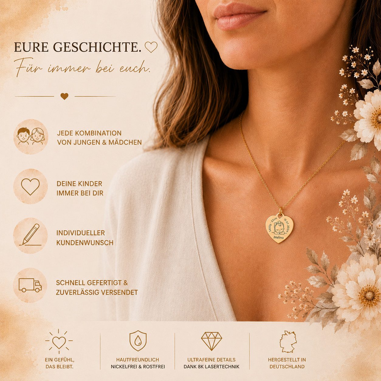 BS Schmuckdesign Kette mit Anhänger mit Gravur Personalisierte Halskette Geburtskette Herzkette Mutter-Kind (inkl. Gravur), personalisierbar inkl. Geschenkbox – Bild 5 von 5