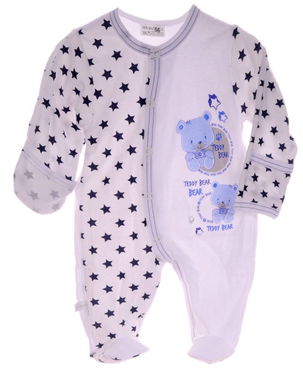 Strampler Baby Schlafanzug Overall mit Kratzschutz in Weiß mit Sternen Bärchen