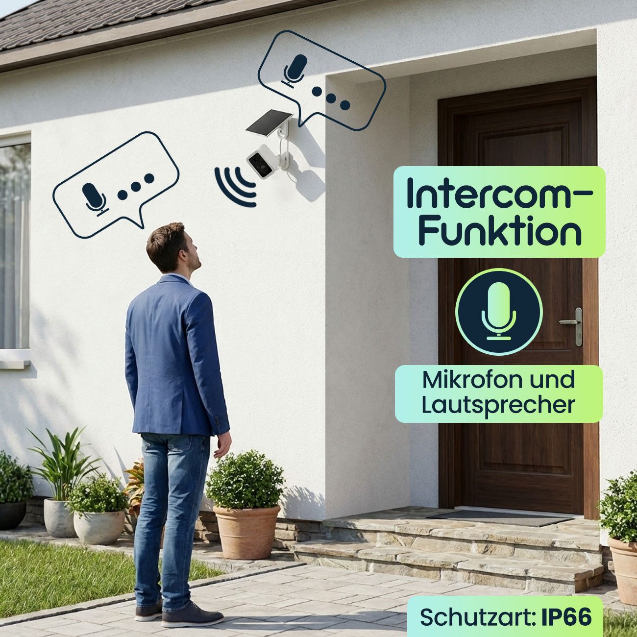 shop'n smile ideoon Überwachungskamera WLAN Solar Überwachungskamera 3MP IP66 App PIR Funkkamera Weiß (Außen, mit Solarpanel Intercom-Funktion Blickwinkel 110° Dämmerungs-Sensor)