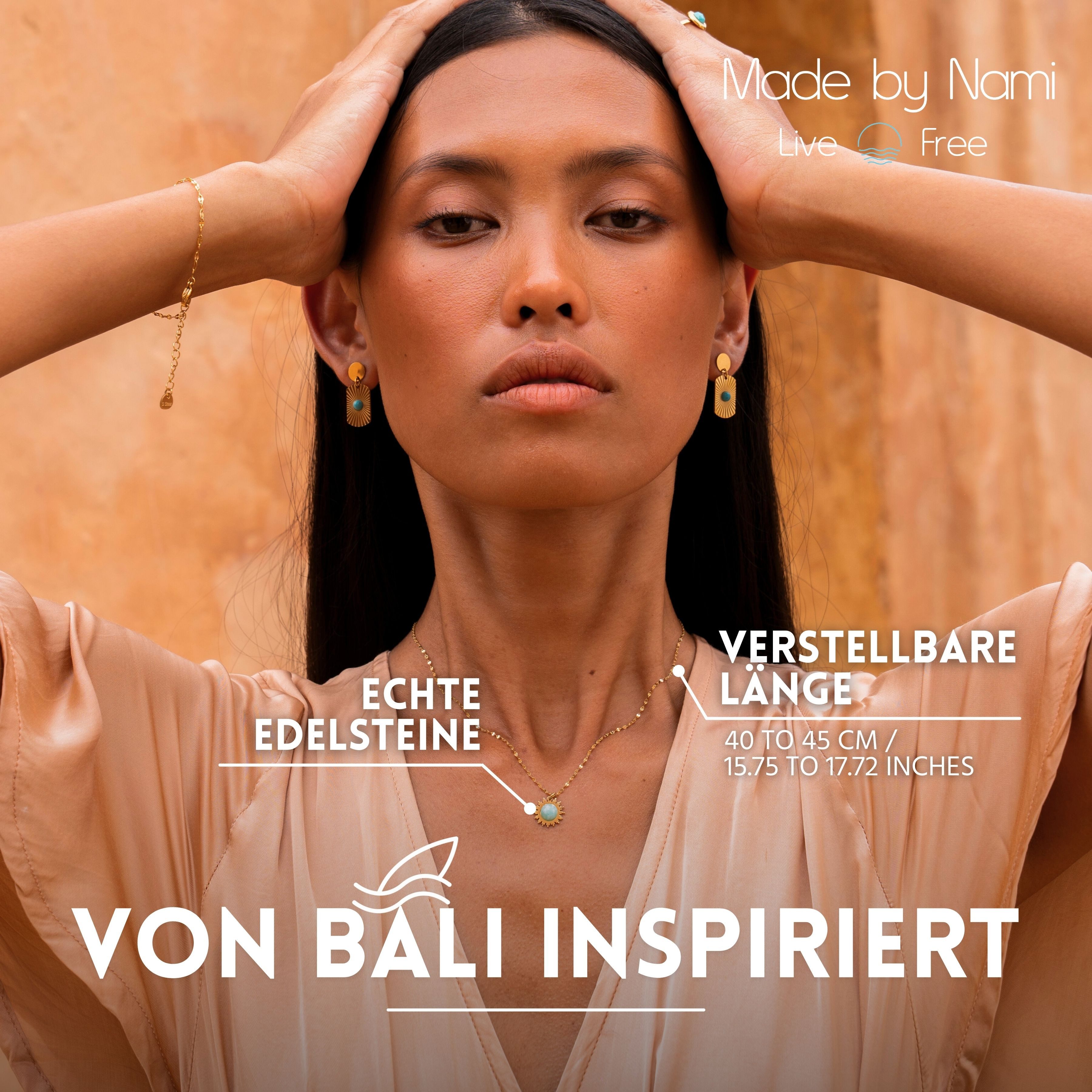 Made by Nami Kette mit Anhänger mit Sonne Anhänger und Edelstein aus Chirur. Edelstahl - Hypoallergen, 40 + 5 cm Gold Schmuck Wasserfest Freundschaftskette