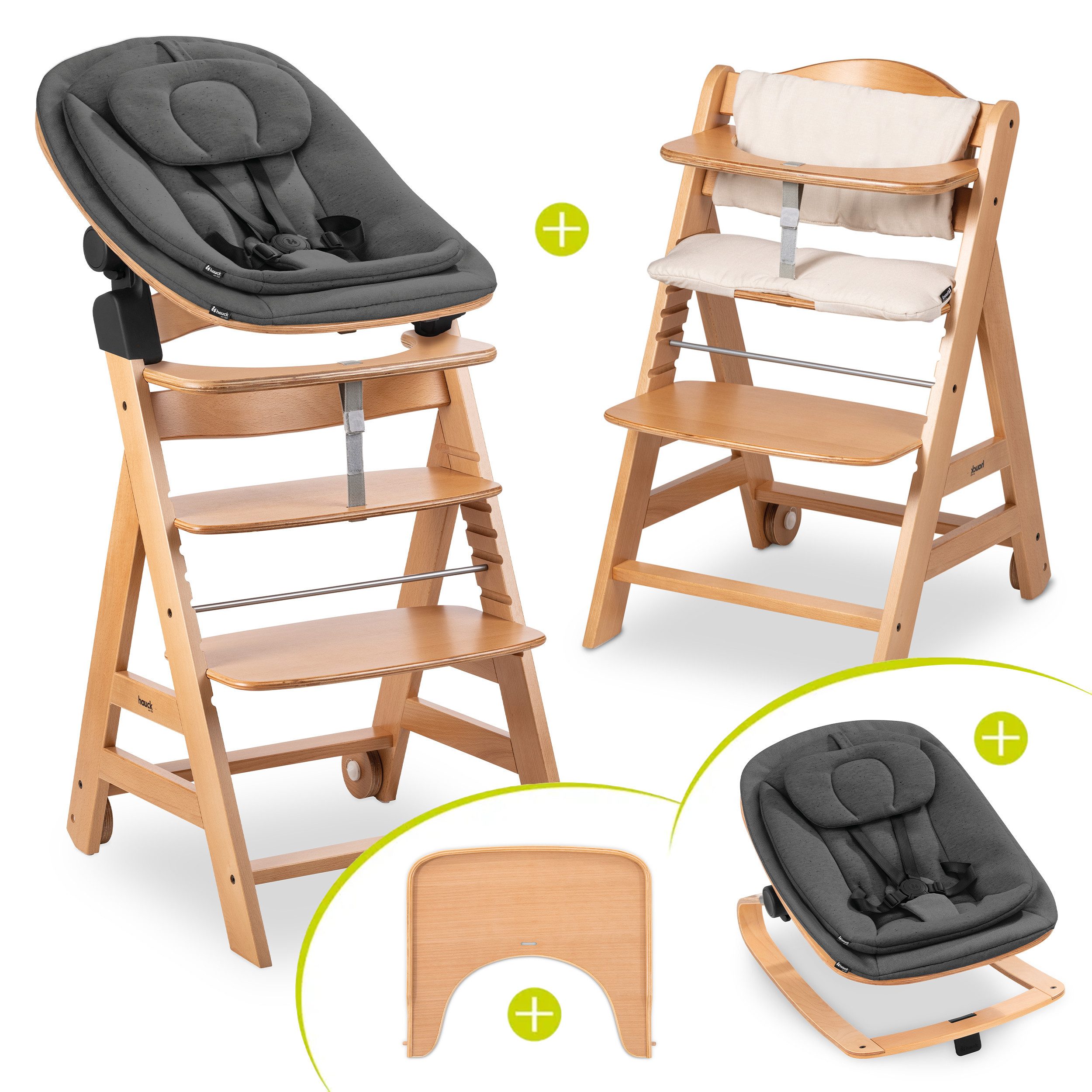 Hauck Hochstuhl Beta Plus Newborn Set Eco - Natural, Holz Babystuhl ab Geburt mit Neugeborenensufsatz, Sitzkissen, Essbrett