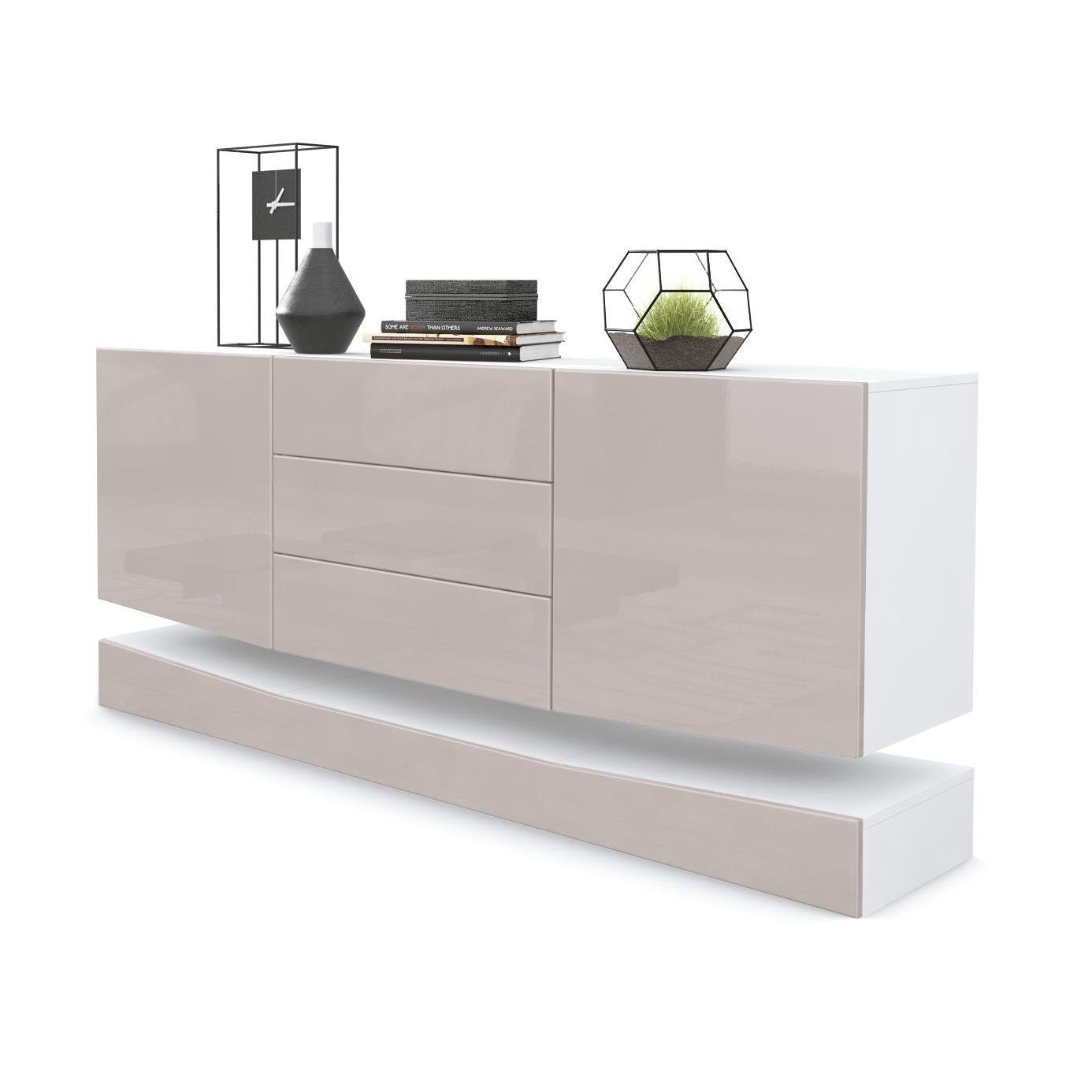 Vladon Sideboard City (Kommode, mit 2 Türen und 3 Schubladen), Weiß matt/Sandgrau Hochglanz (178 x 72 x 38 cm)