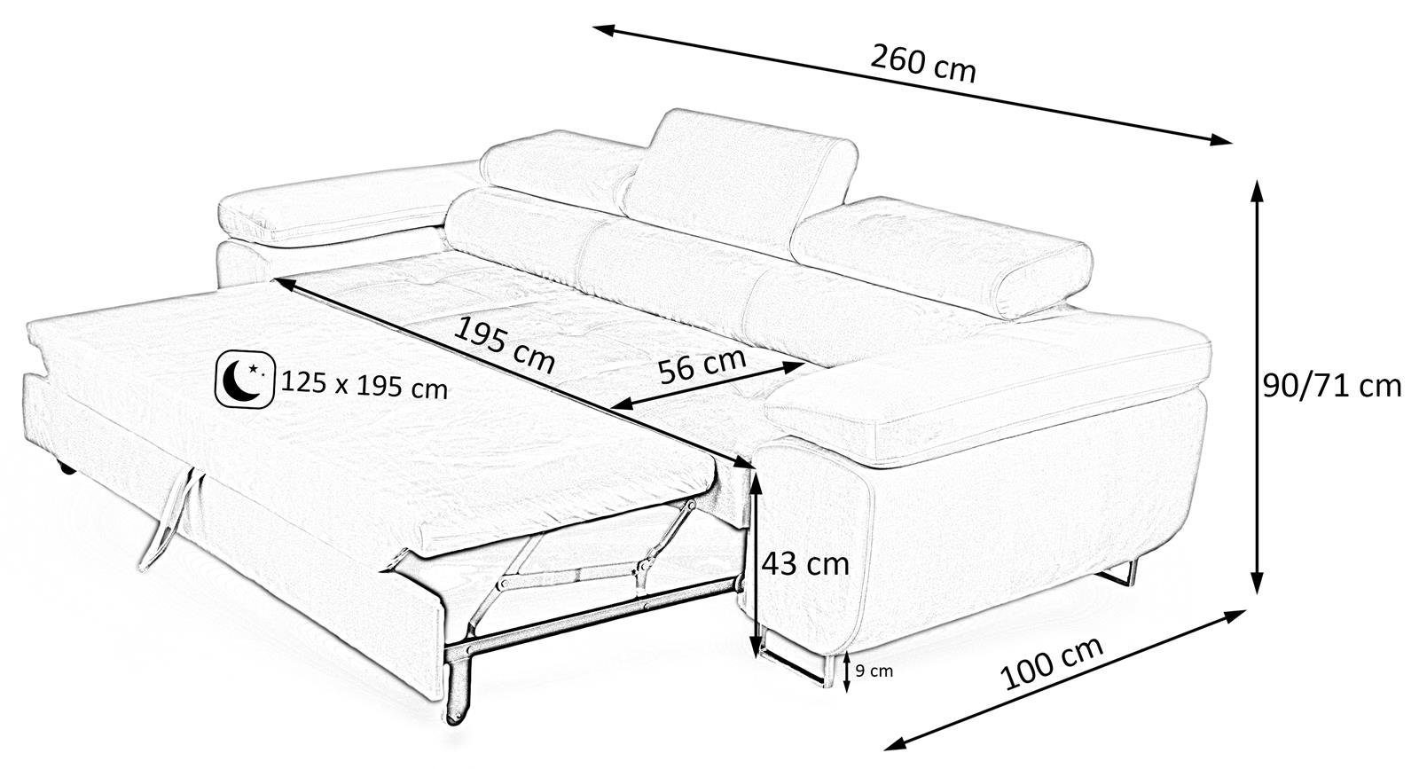 Beautysofa Schlafsofa Couch 77) Schlaffunktion modernen Kopfstütze, Dreisitzer Schlafsofa marineblau mit Stil, (monolith Verstellbare