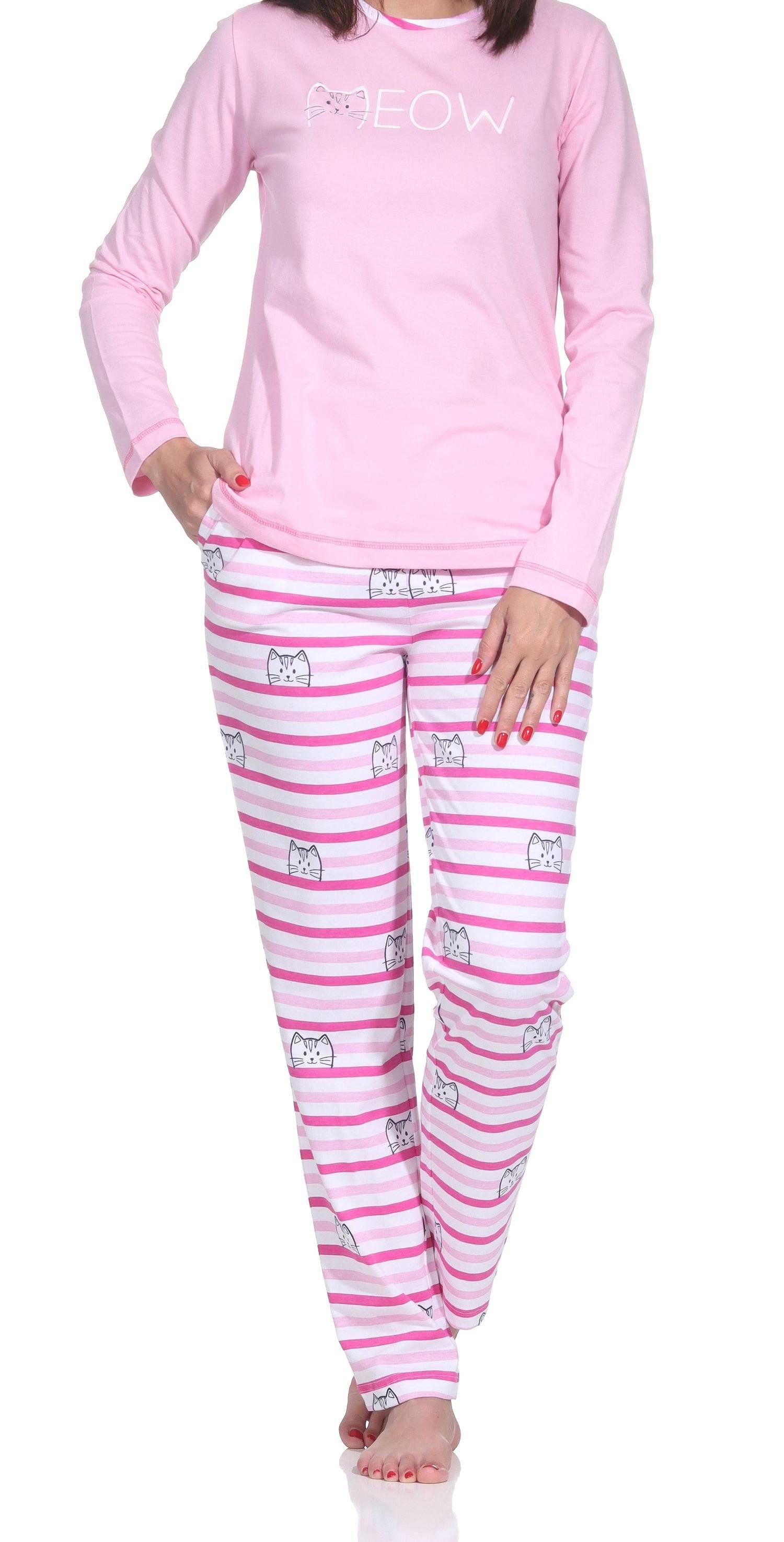 Normann Pyjama Normann Damen langarm Pyjama in Katzen Optik – auch in Übergröße
