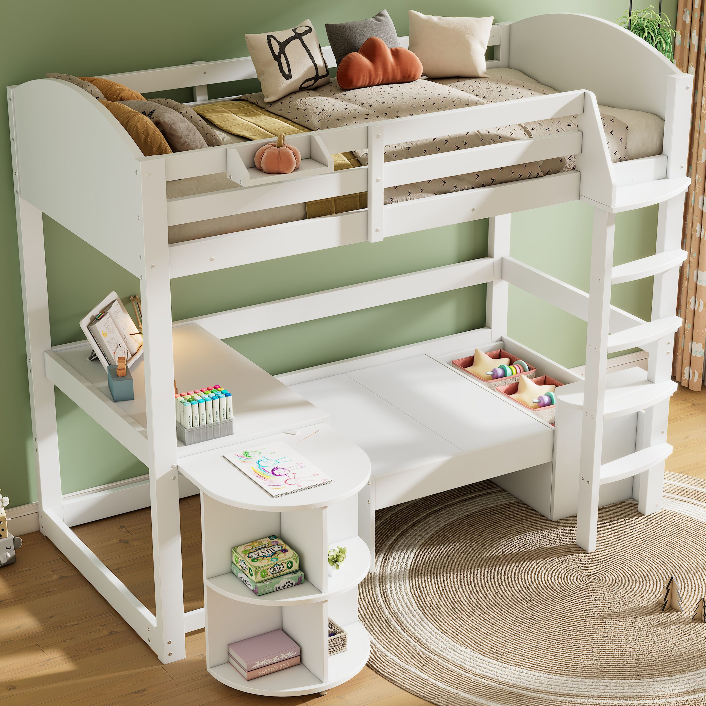 Flieks Hochbett Kinderbett 90x200cm mit ausziehbarem Tisch, Sofa mit Stauraum & Kissen