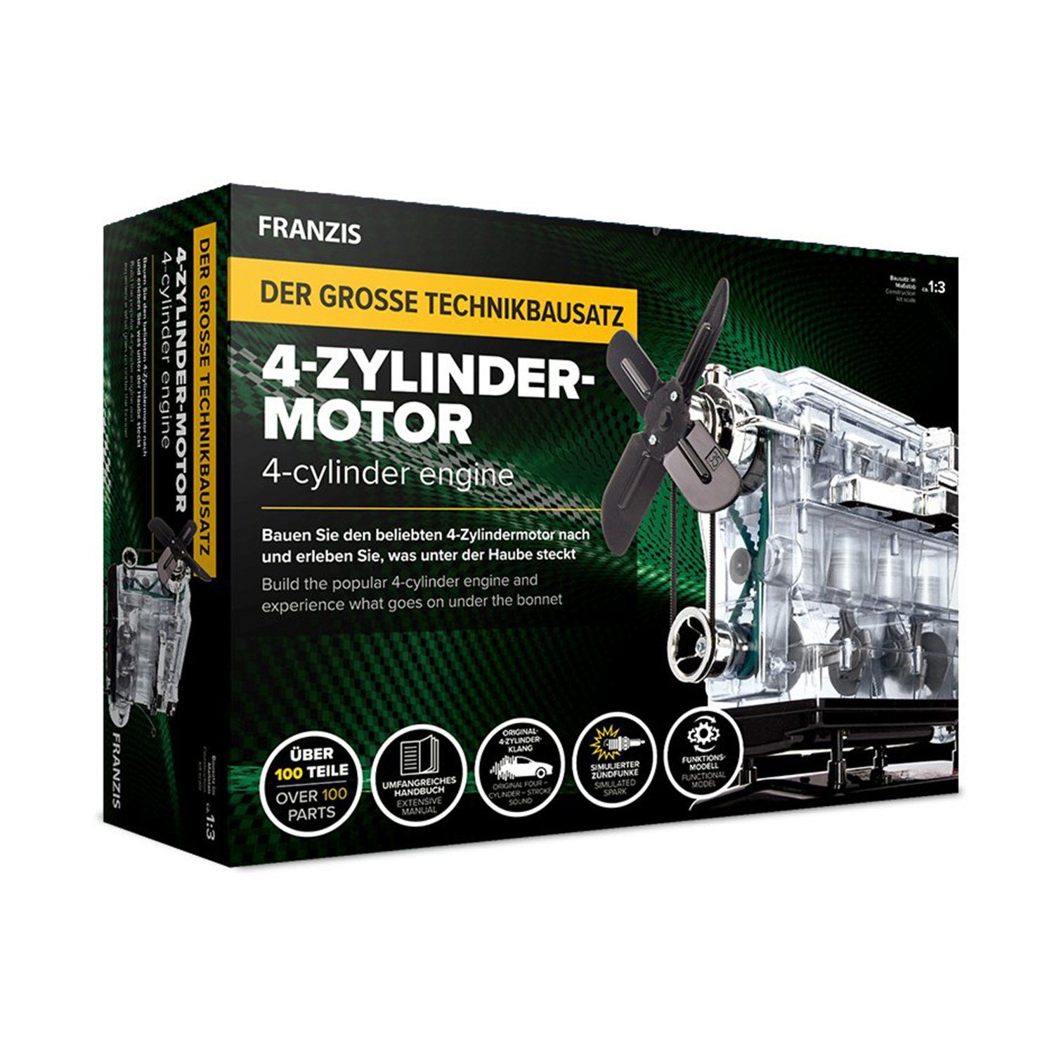 Original Bausatz 4-Zylinder-Motor, Anleitung, 1:3, Franzis 3D-Puzzle inkl. Puzzleteile Motor-Sound, 100-Teile,