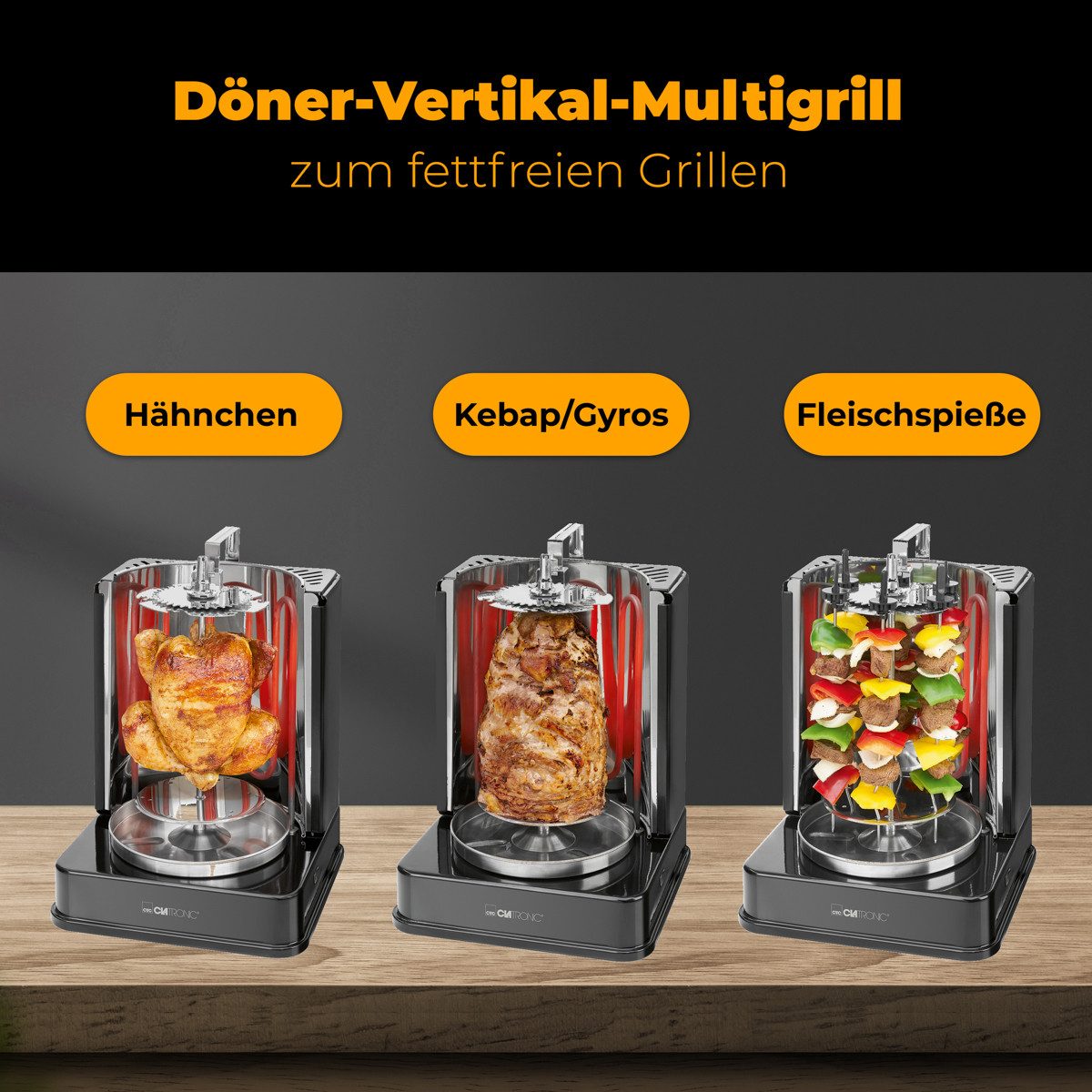 CLATRONIC Dönergrill DVG 3686, Inkl. Drehspieß & 6 Fleischspieße, 1400 W