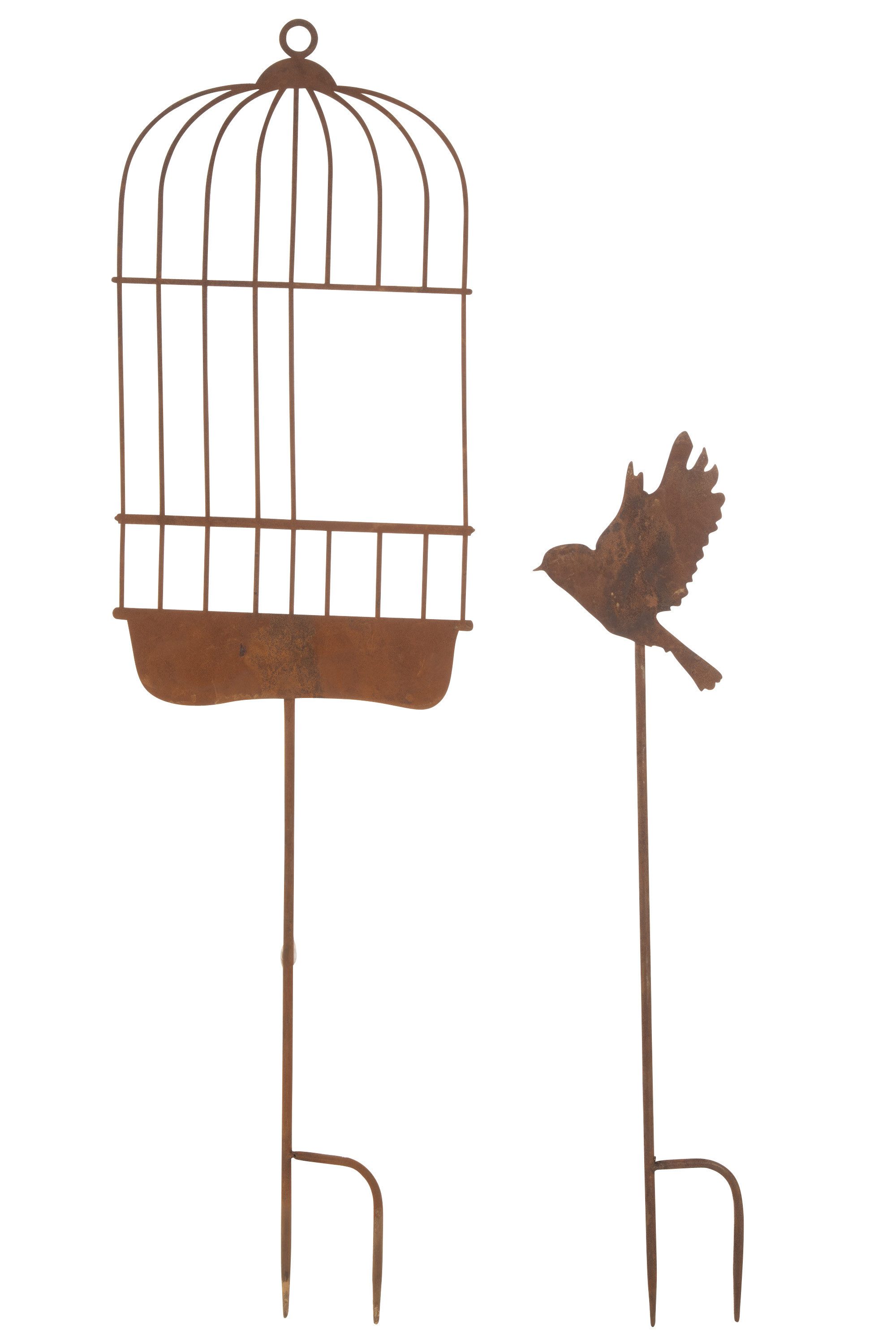 J-line Dekofigur Dekorationen Garten Käfig + Vogel Metall Rost (2er Set)