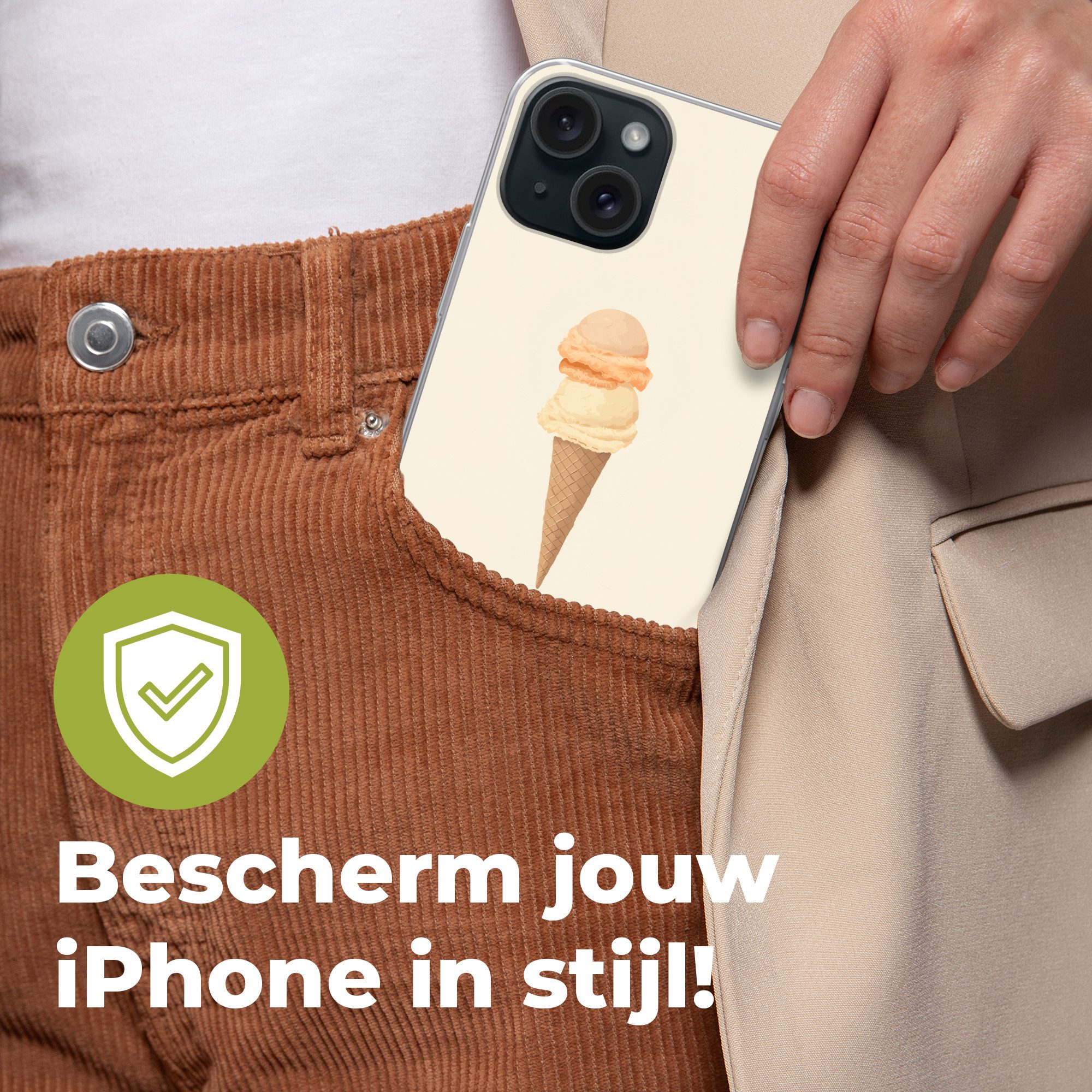 MuchoWow Handyhülle für Apple iPhone 15 Minimalist - Schaufel Eiscreme - Horn - Beige, Smartphone-Bumper, Print, Handy Schutzhülle Dünn