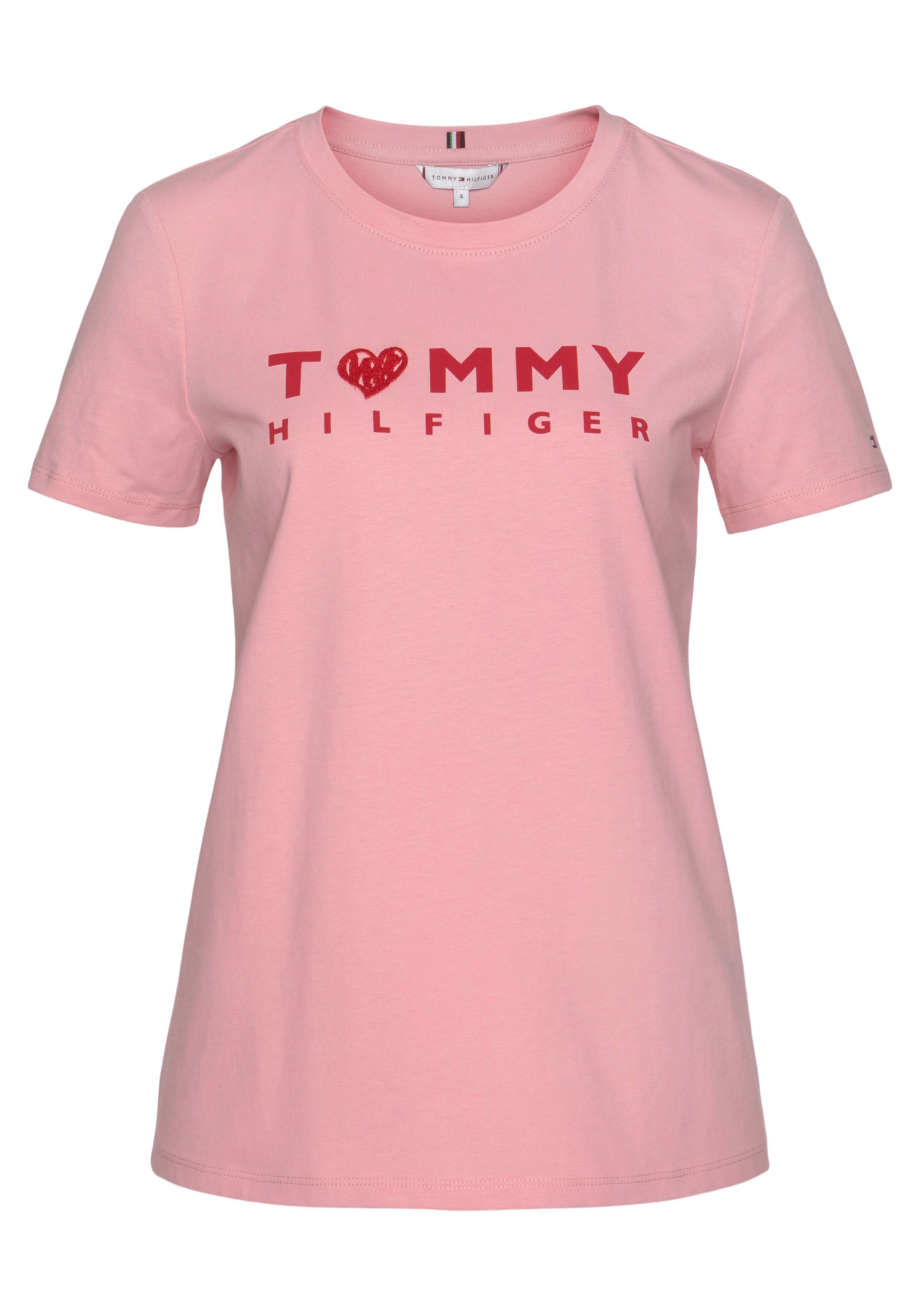 mit TEE LOGO REG ABO Herz Hilfiger Hilfiger Tommy TH C-NECK Tommy Rundhalsshirt gesticktem & Logo-Schriftzug