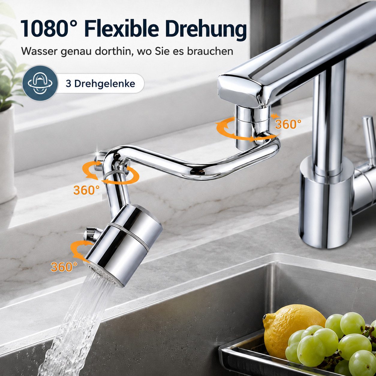 XEOOCE Strahlregler Wasserhahn-Verlängerung, 360° drehbar, für Küche & Bad, Silber, IG: M22, M24, (Einzelstück, Montageset), 360° verstellbar, universelle Passform, 2-in-1-Gewinde, platzsparend