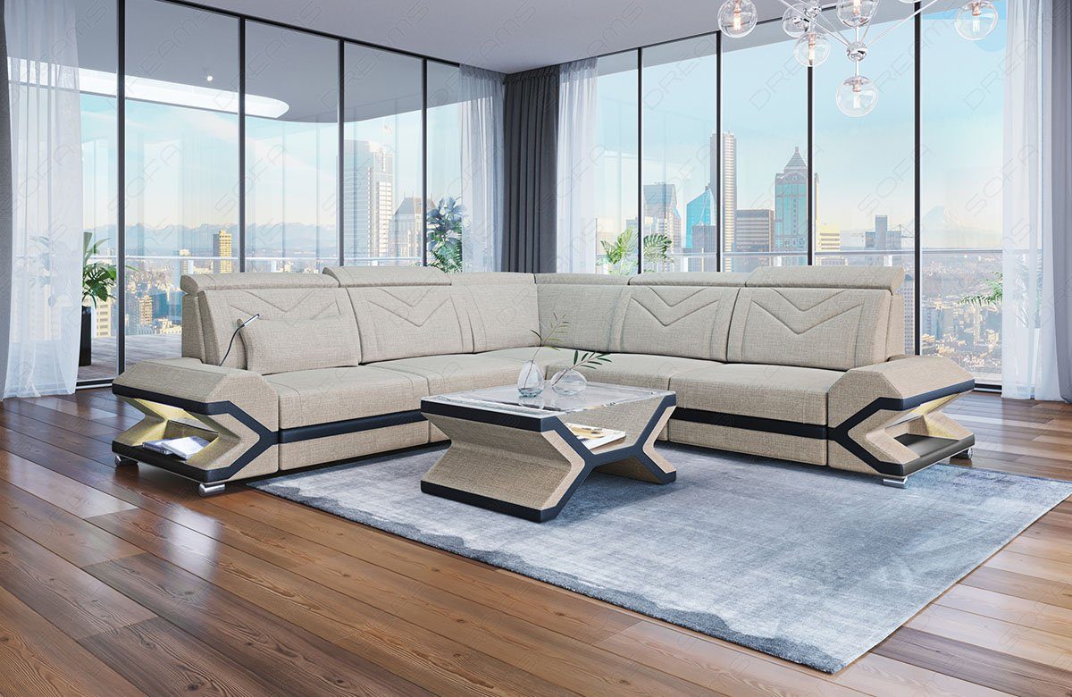 Sofa Dreams Ecksofa Stoffsofa Couch Stoff Sorrento L Form Polstersofa, mit LED, ausziehbare Bettfunktion, Designersofa