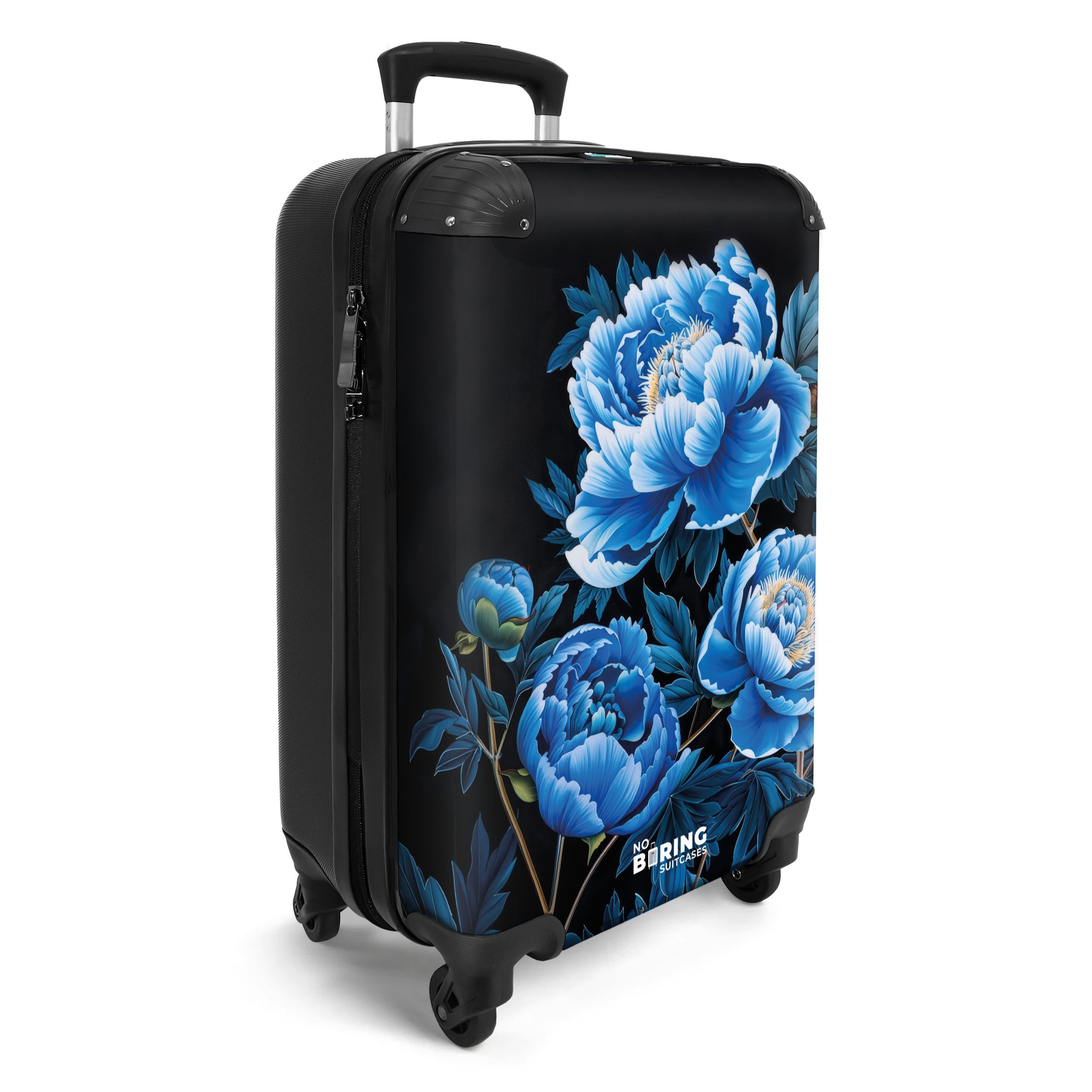 NoBoringSuitcases.com© Hartschalen-Trolley Schwarz mit blauen Pfingstrosen günstig online kaufen