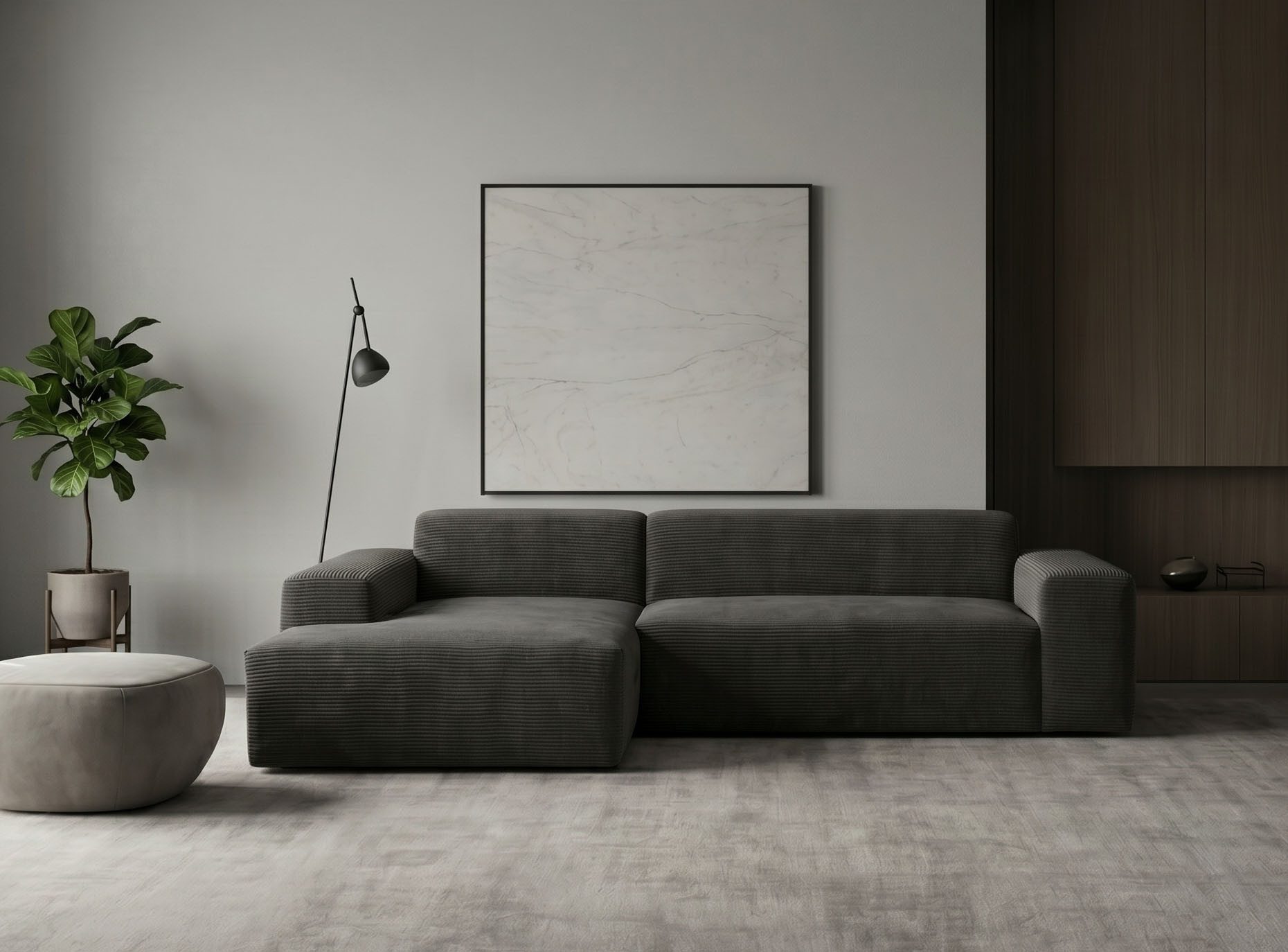 WERK2 Ecksofa Zeus-L 253 cm breit, bequemes Cord-Sofa in L-Form, urbanes Design, Organische curvy-trend Couch mit großer Komfort-Ottomane