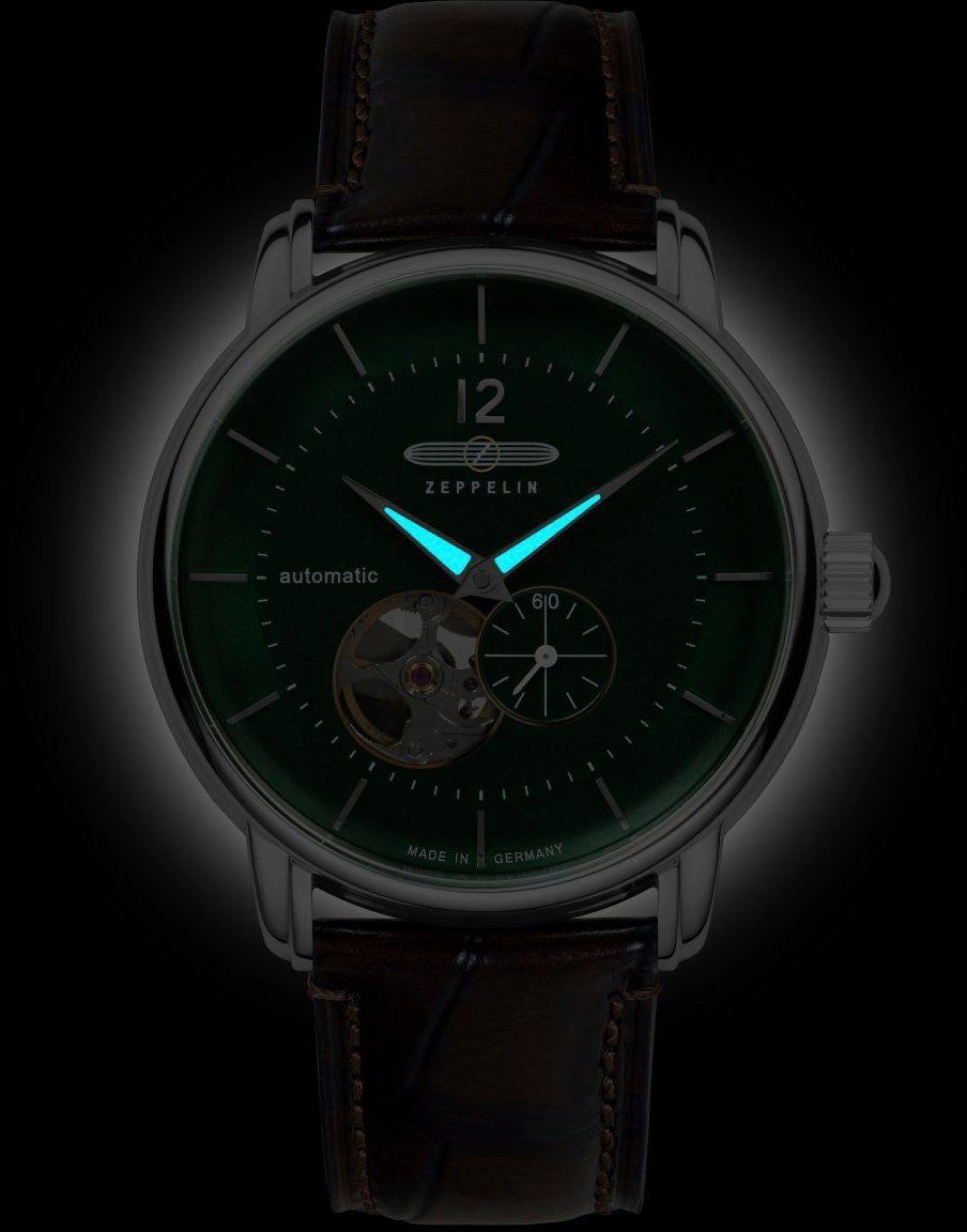 ZEPPELIN Automatikuhr LZ 120 Bodensee 8166-4, Armbanduhr, Herrenuhr, offene Unruh, Lederarmband, Made in Germany