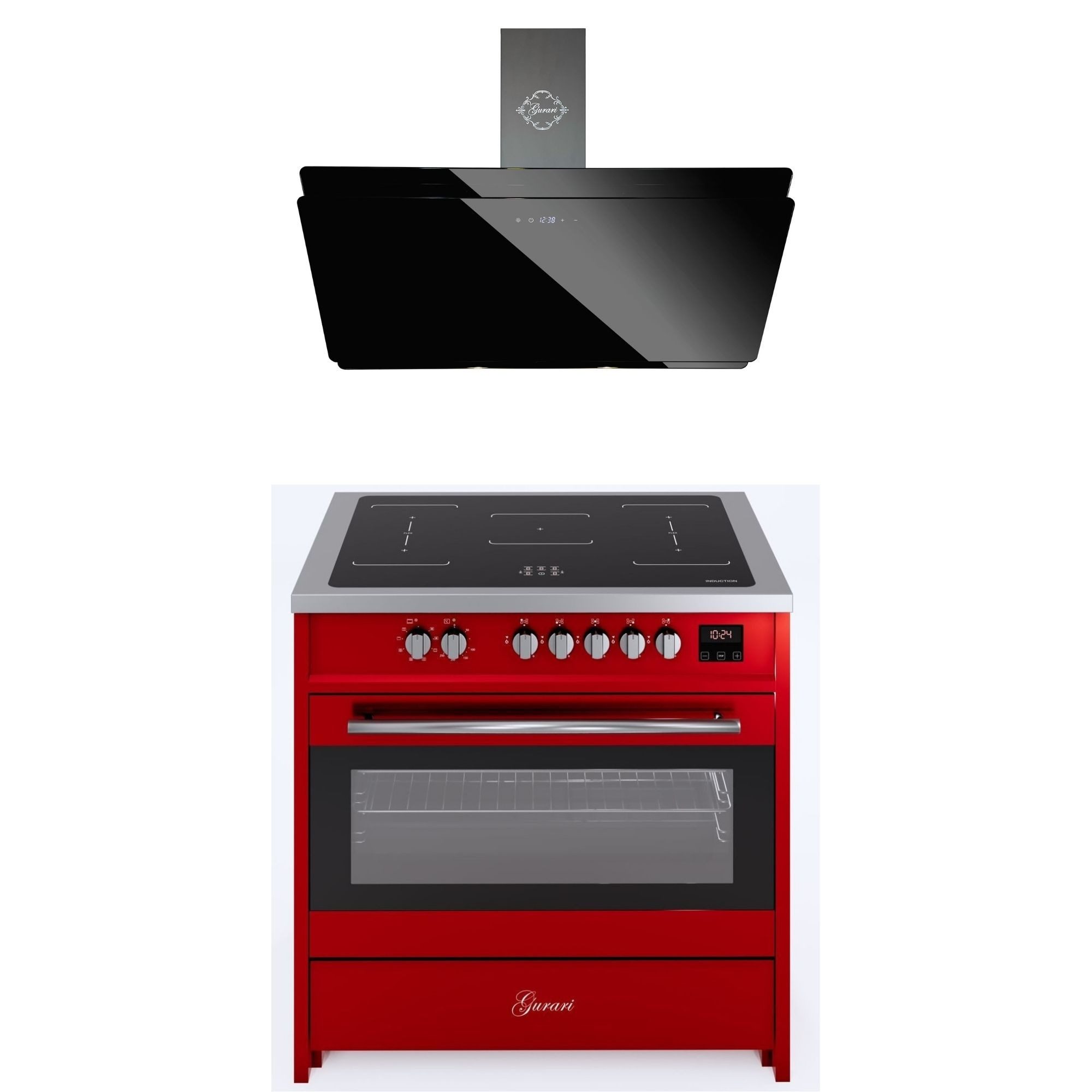 GURARI Induktions Herd-Set Induktions Standherd 90 cm in Rot mit Flex Zone Induktionskochfeld, Range Cooker+Dunstabzugshaube 90 cm, 1000 m³/h E 913 R+GCH S 411 90 BL PRIME N, mit 1-fach-Teleskopauszug, Induktions Standherd 90 cm in Rot+ Dunstabzugshaube 90 cm