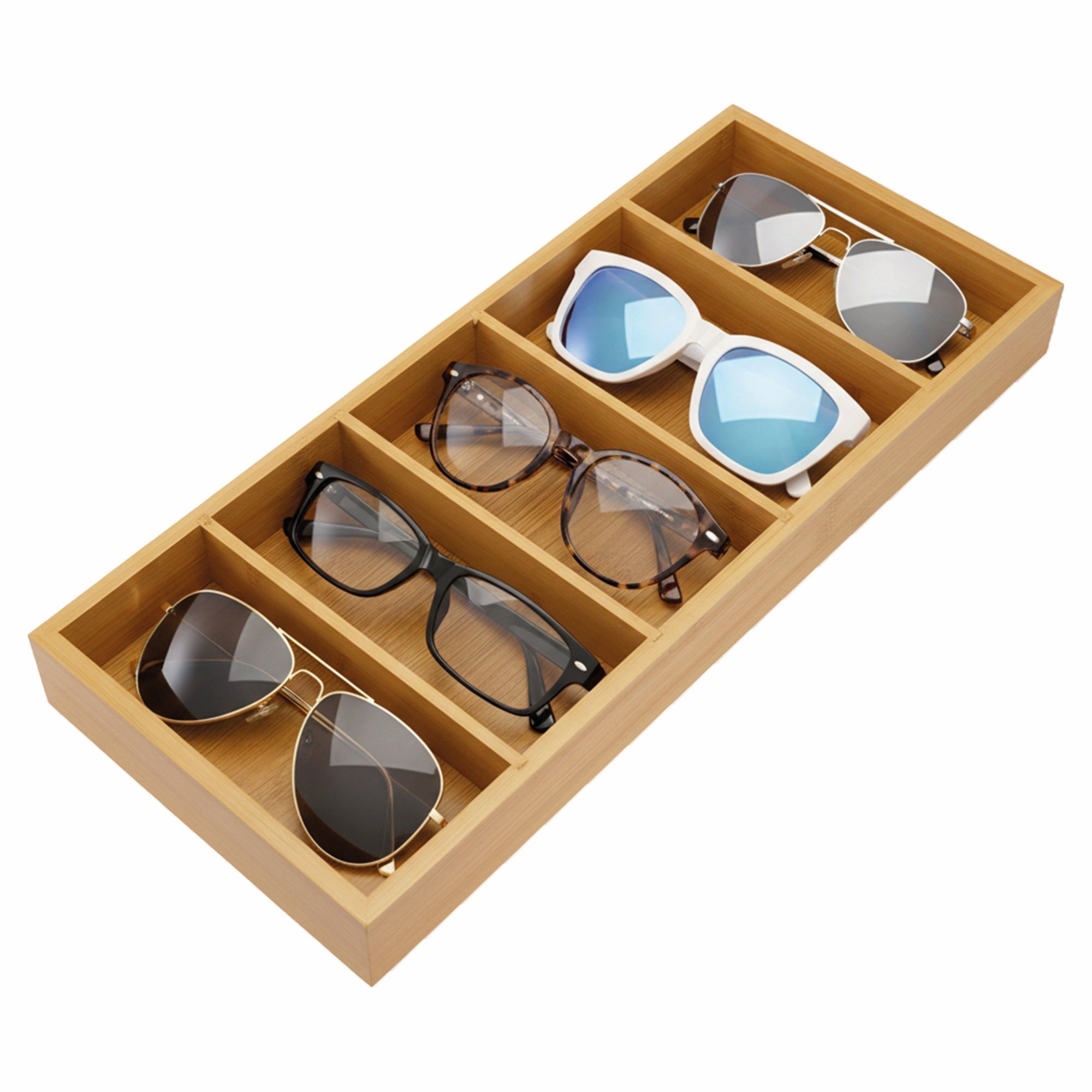 Kibun Organizer Brillen & Office Organizer aus Bambus mit 6 Fächern (40x17x4 cm, 1 St., Flache Sonnenbrillen Aufbewahrungsbox), Schreibtisch Ordnungssystem