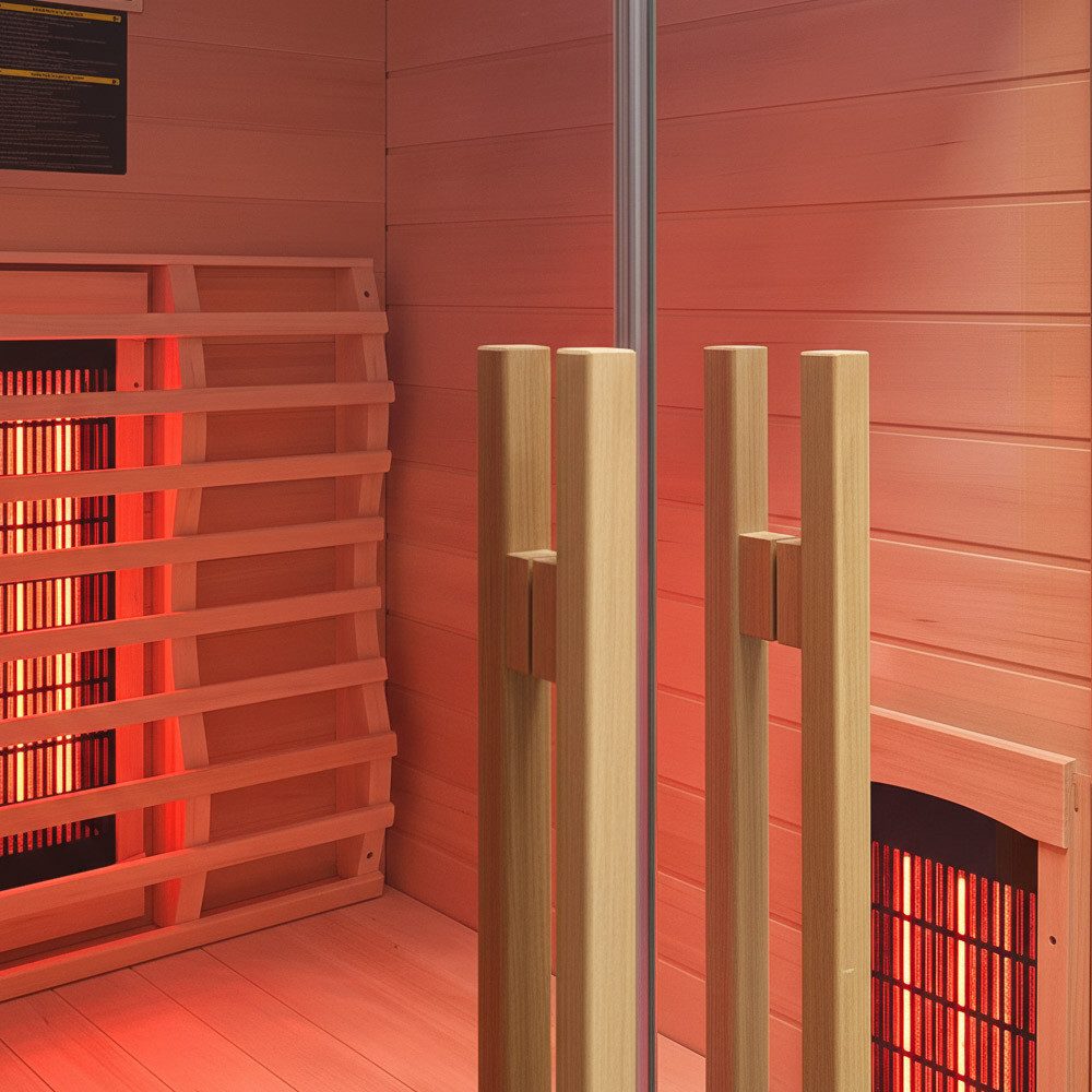 HOME DELUXE Infrarotkabine SONORA - M, BxTxH: 135,00 x 105,00 x 190,00 cm, (USB-Anschluss & Bluetooth, LED-Farblicht, inkl. Ionisator mit Ozondesinfektion, FM-Radio mit MP3-Funktion) 6 Vollspektrumstrahler, für 2 Person, hochwertiges Hemlockholz