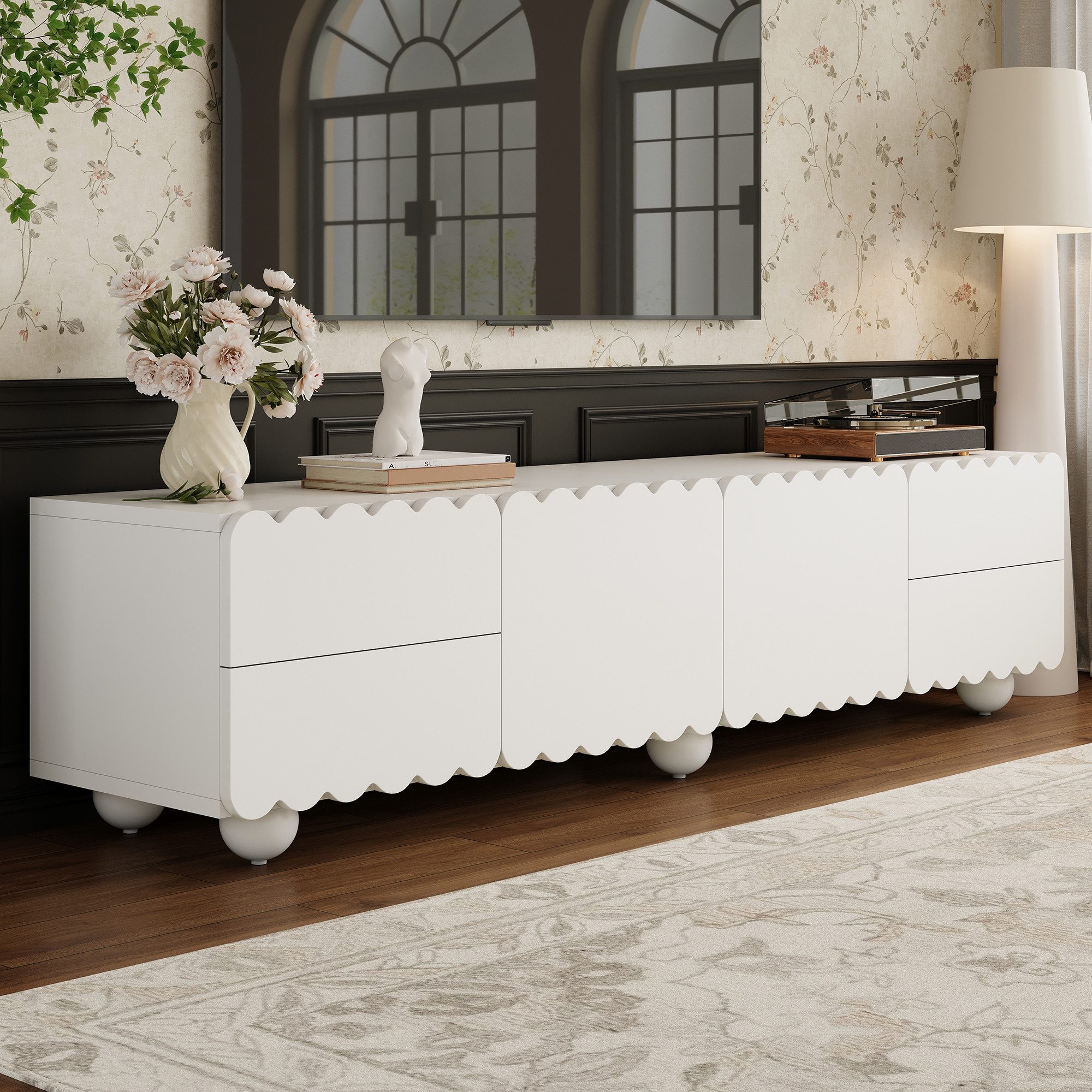 Merax Lowboard mit runden Beinen (1 St), TV-Schrank mit 2 Türen, 4 Schubladen & Stauraum, 175×38×37 cm
