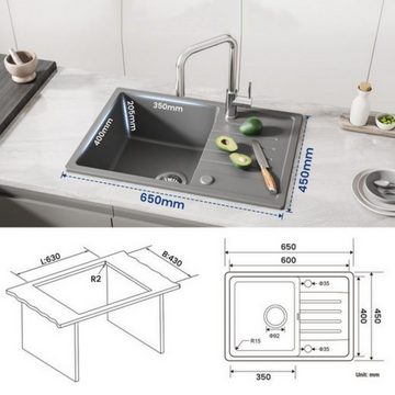 CECIPA Granitspüle Küchenspüle mit Plattennut 65*45cm, Quadrat, 65/20.5 cm, Reversibel – Links oder Rechts montierbar, graue Küchenspüle