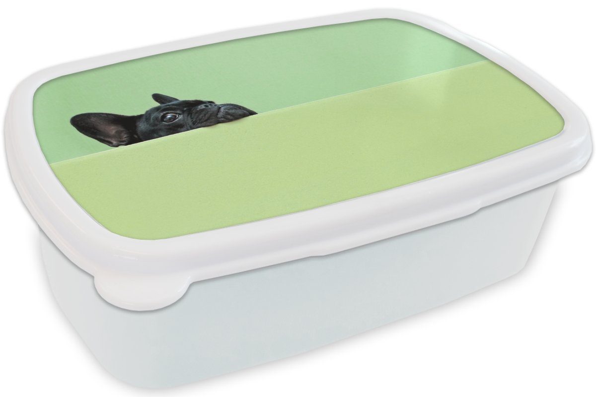 MuchoWow Lunchbox Französische Bulldogge weiß Grün - für Brotbox Jungs Kinder für Schwarz, Mädchen Kunststoff, und Brotdose, und Erwachsene, - (2-tlg)