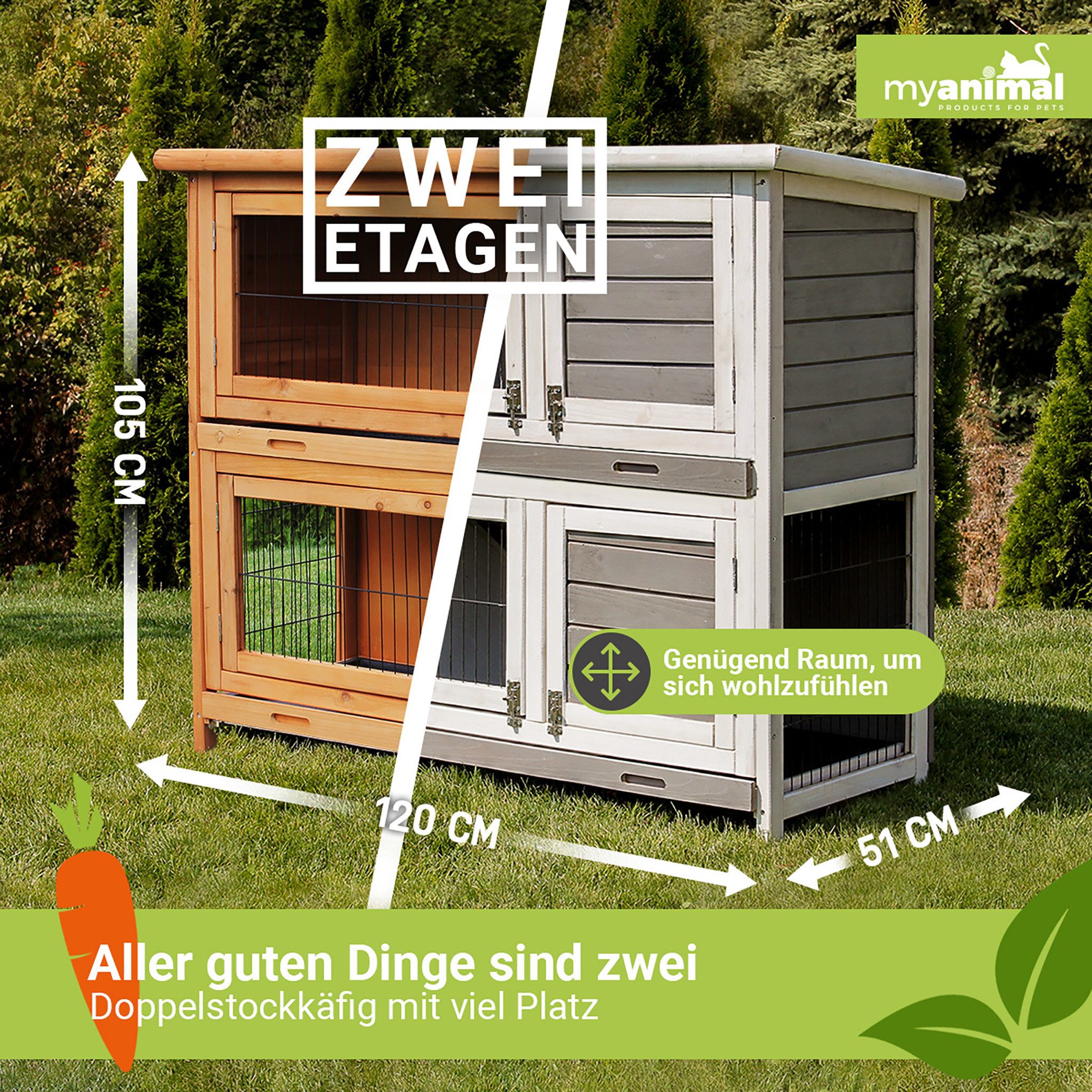 My Animal Kleintierstall XXL Hasenstall MH-20 2 Etagen & wetterbeständig, Hasenstall mit Türen - aufklappbares Dach - Kaninchenstall Käfig