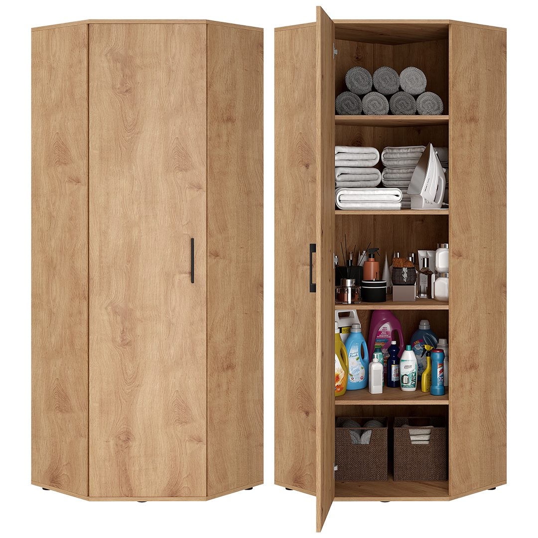 Bellamio Mehrzweckschrank Apol, Hochschrank aus Holz, Aufbewahrungsschrank (Eichenoptik) Eckschrank mit 1 Tür & 5 großen Fächern, robust & kratzfest