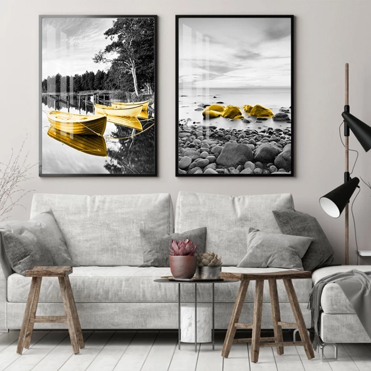 TPFLiving Kunstdruck Wohnzimmer Auch Boote RAHMEN) Auswahl günstigen - Gelb, - - Wandbild, - 3-er Gelbe Leinwand grauem (OHNE zur (7 im Farben: Hintergrund Wanddeko Grau Set), Größe: Poster Größen 13x18cm auf - - verschiedene