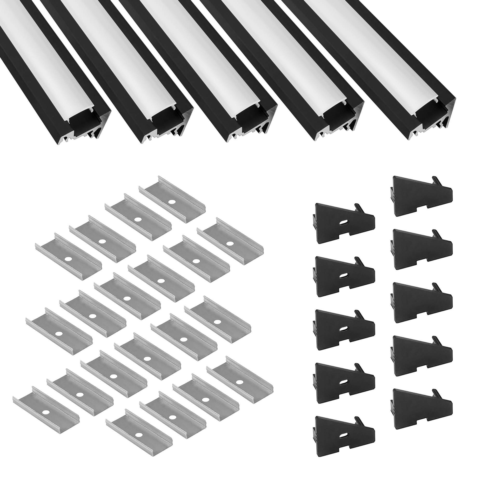 tktrading24 LED-Stripe-Profil 5x A20 LED Profil 2m - Schwarz inkl. Abdeckung, Halter & Endkappen