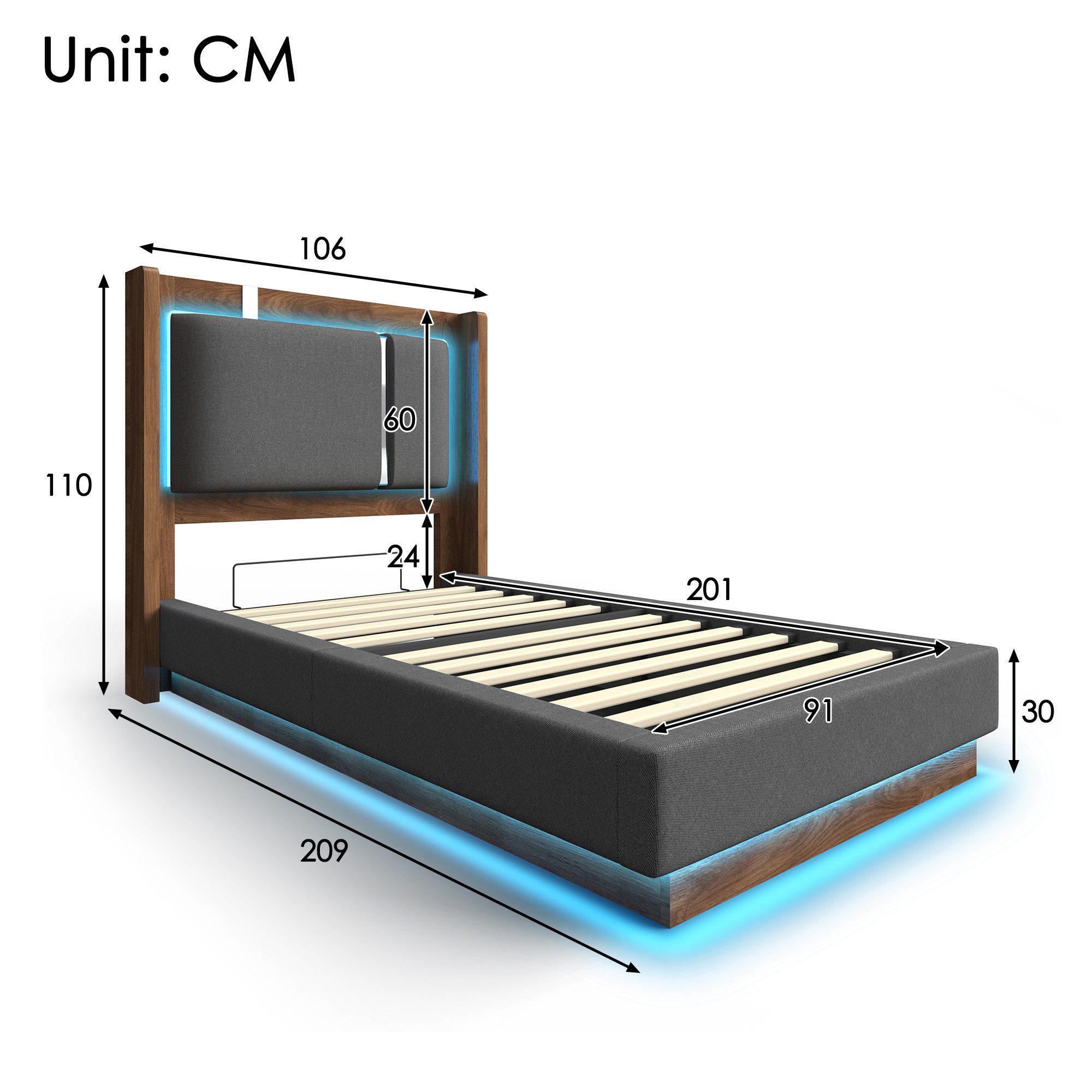 Celya Polsterbett Jugendbett mit LED und Bettkasten (ohne Matratze, mit Lattenrost und Hydraulik), Geeignet für Schlafzimmer, Jugendzimmer und Gästezimmer