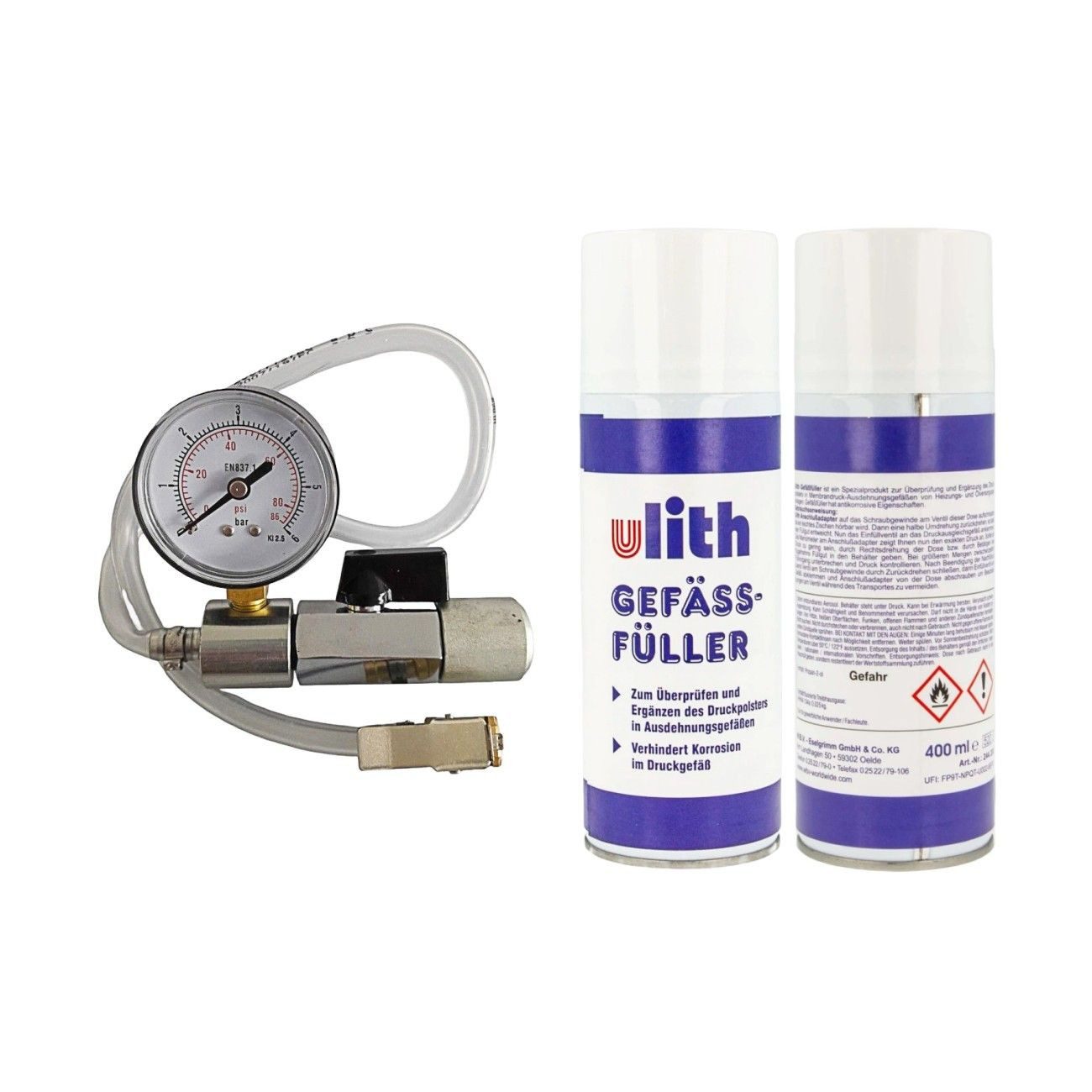 Ulith Gefäßfüller 400 ml brennbar frei für Membran Ausdehnungsgefäße Allzweckreiniger (Set, [2-St. 2er Set inkl. 1x Anschlussadapter mit Absperrvorrichtung und Manometer)