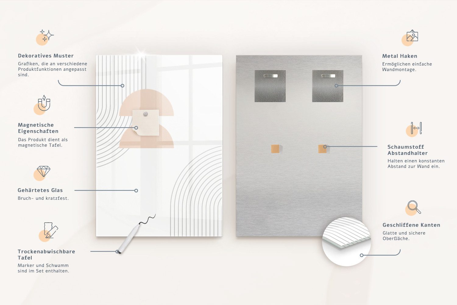 Tulup Magnettafel Notiztafel aus Gehärtetem Glas, 5 Magnete, Marker und Schwamm