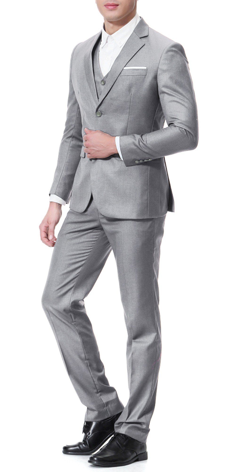 Allthemen Anzug XY05-3P (3 tlg, Sakko & Weste & Hose) Herrenanzug Slim Fit mit 2 Knöpfe für Business Hellgrau