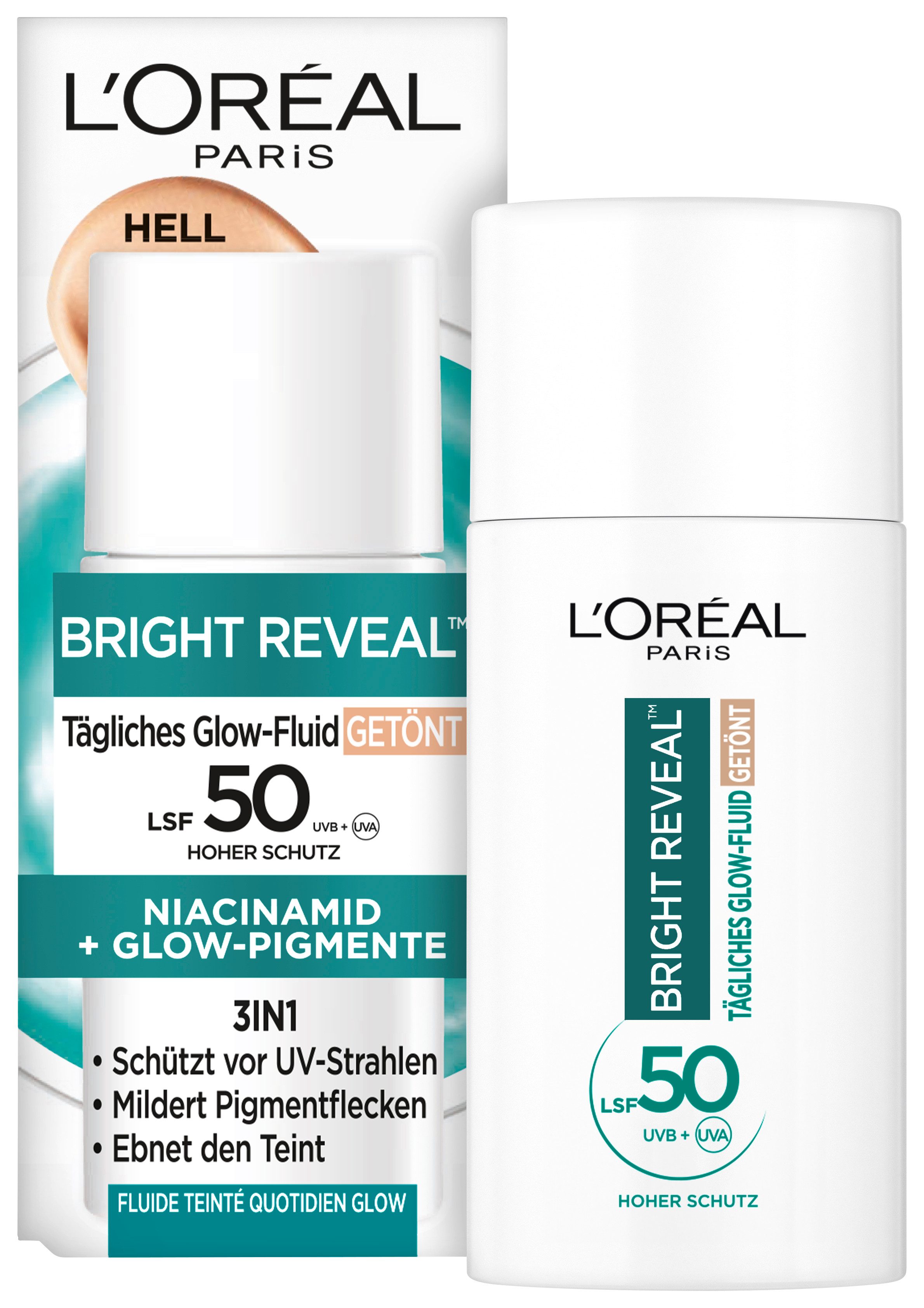 L'ORÉAL PARIS Gesichtsfluid BRIGHT REVEAL TÄGLICHES GLOW-FLUID GETÖNT LIGHT LSF 50, mit Vitamin C und E, feuchtigkeitsspendend.