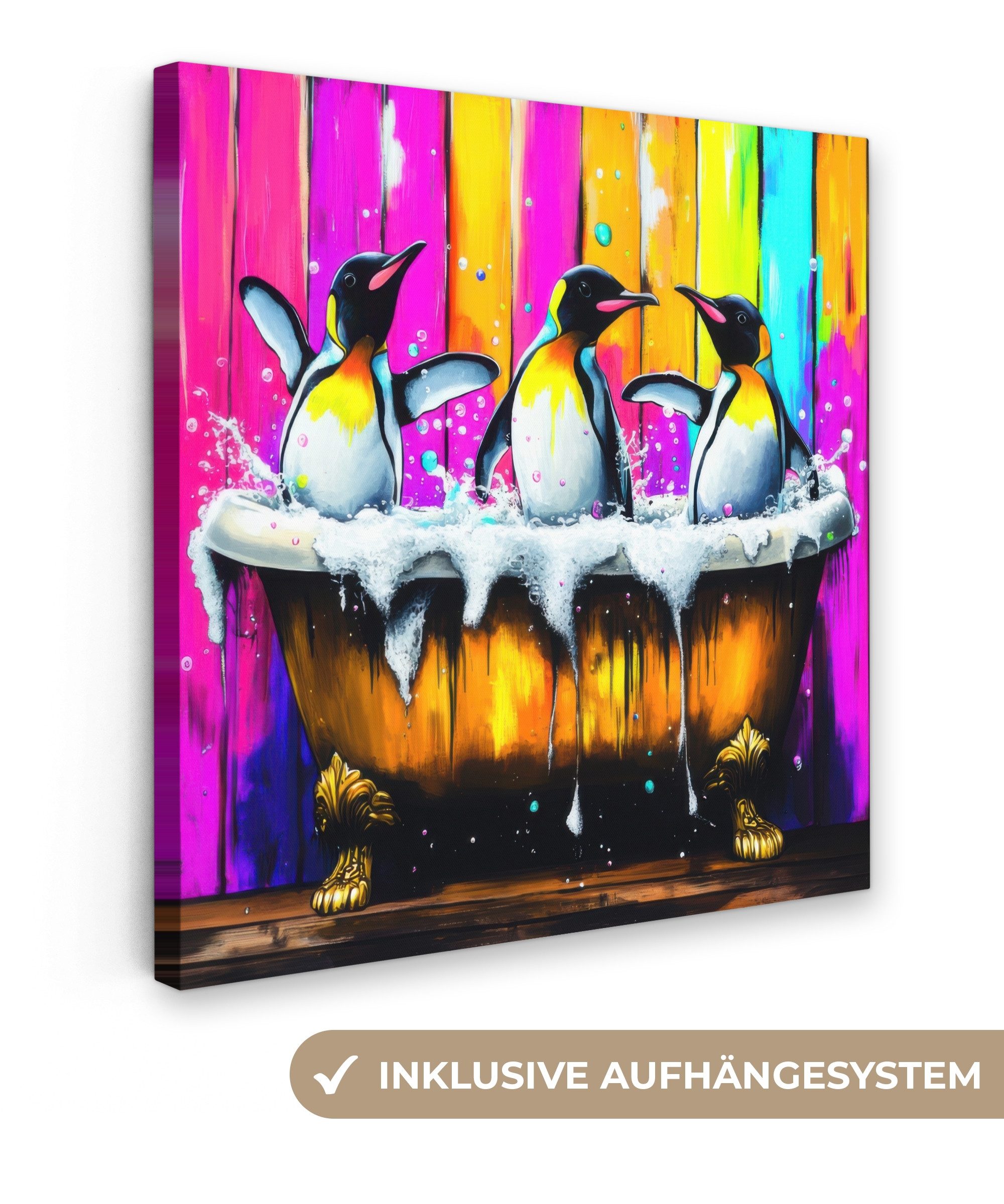 OneMillionCanvasses® Leinwandbild Pinguine - Badewanne - Bunt - Schaumstoff günstig online kaufen