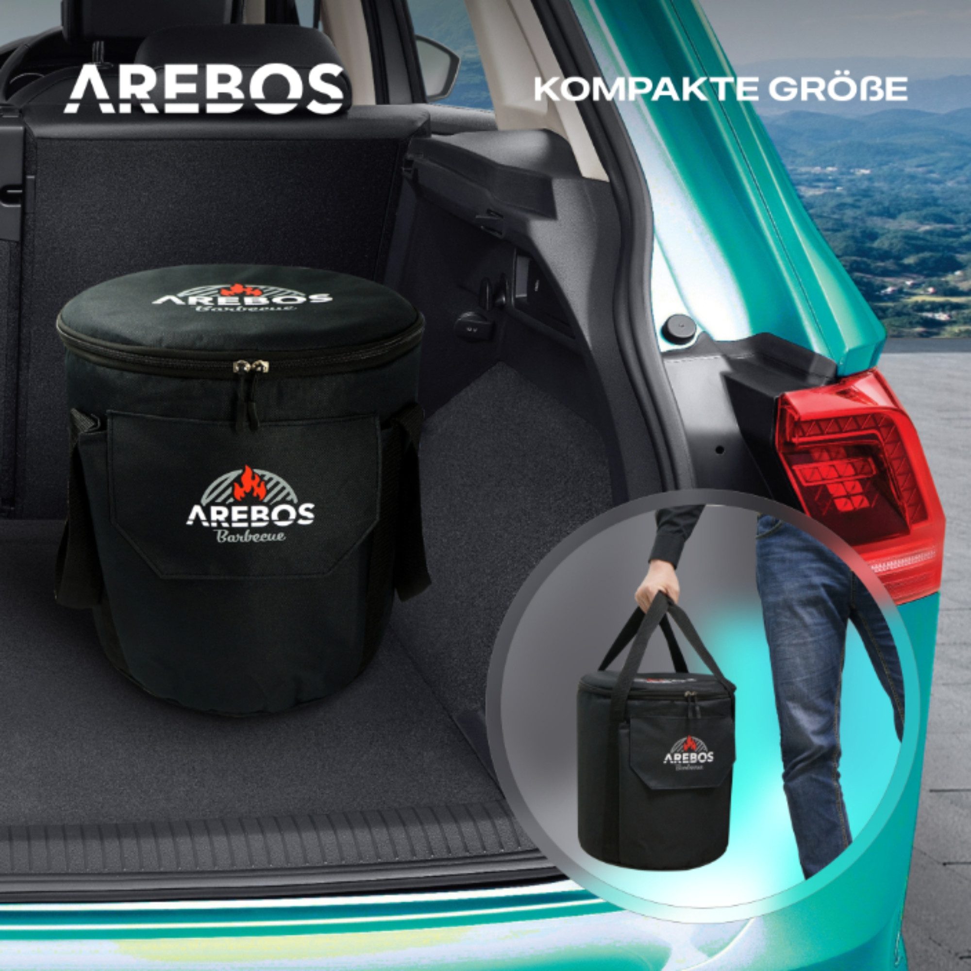 Arebos Fire Pit Rocket Stove incl. Grill Pan Dutch Oven BBQ, (Set), Incl. Carrying Bag, Protective Gloves, Cast Iron Pan & Firewood Rack